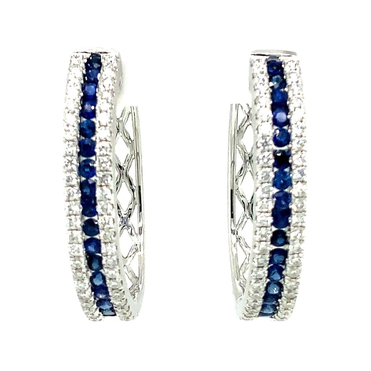 Men's Afarin Collection Blue Sapphire and Diamond Oval Shaped Hoop Earrings Set in 18k For Sale
