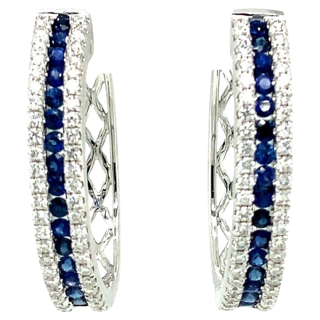 Afarin Collection Blue Sapphire and Diamond Oval Shaped Hoop Earrings Set in 18k For Sale