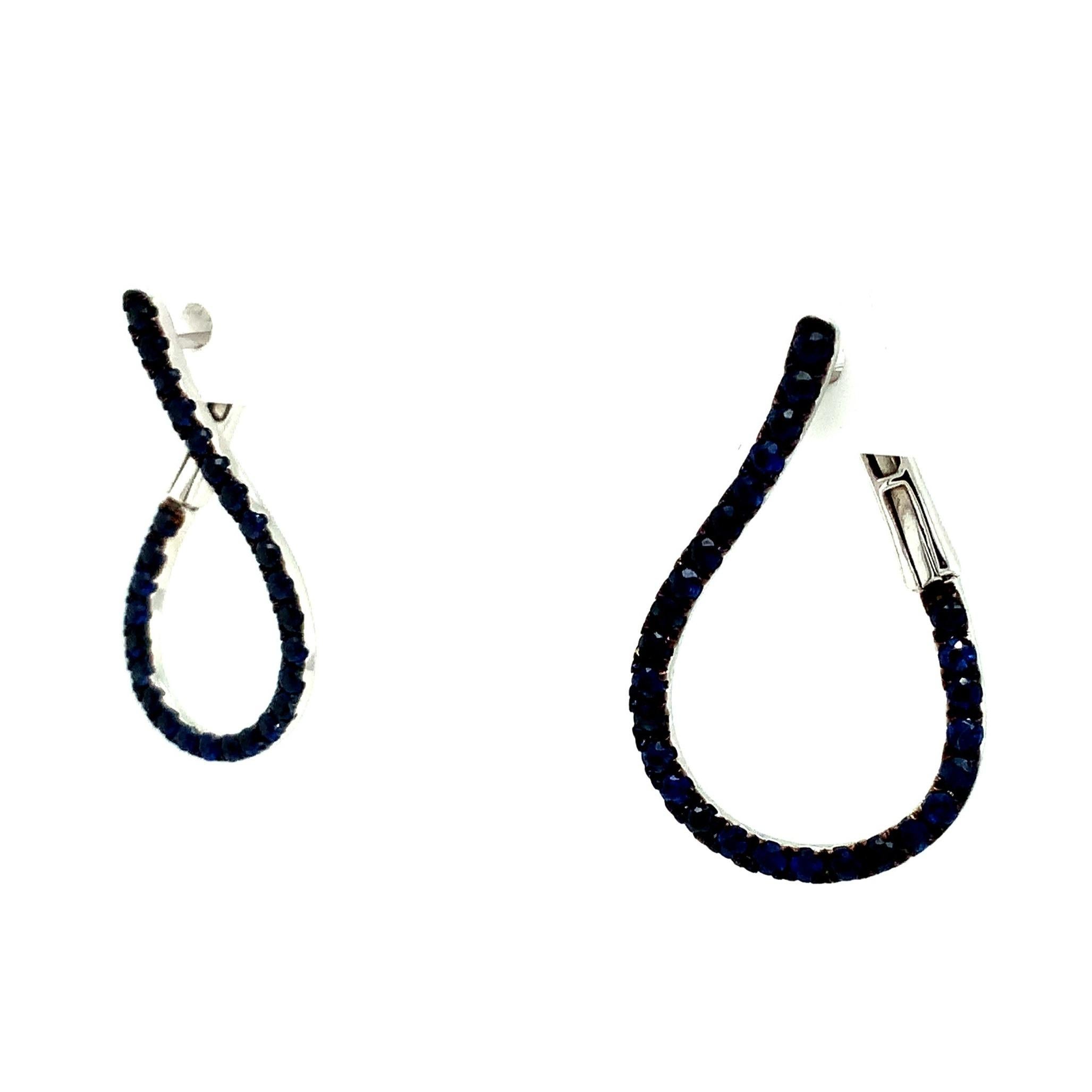 Modern Afarin Collection Blue Sapphire Tear Drop Shaped Hoop Earring Set in 18k White G For Sale