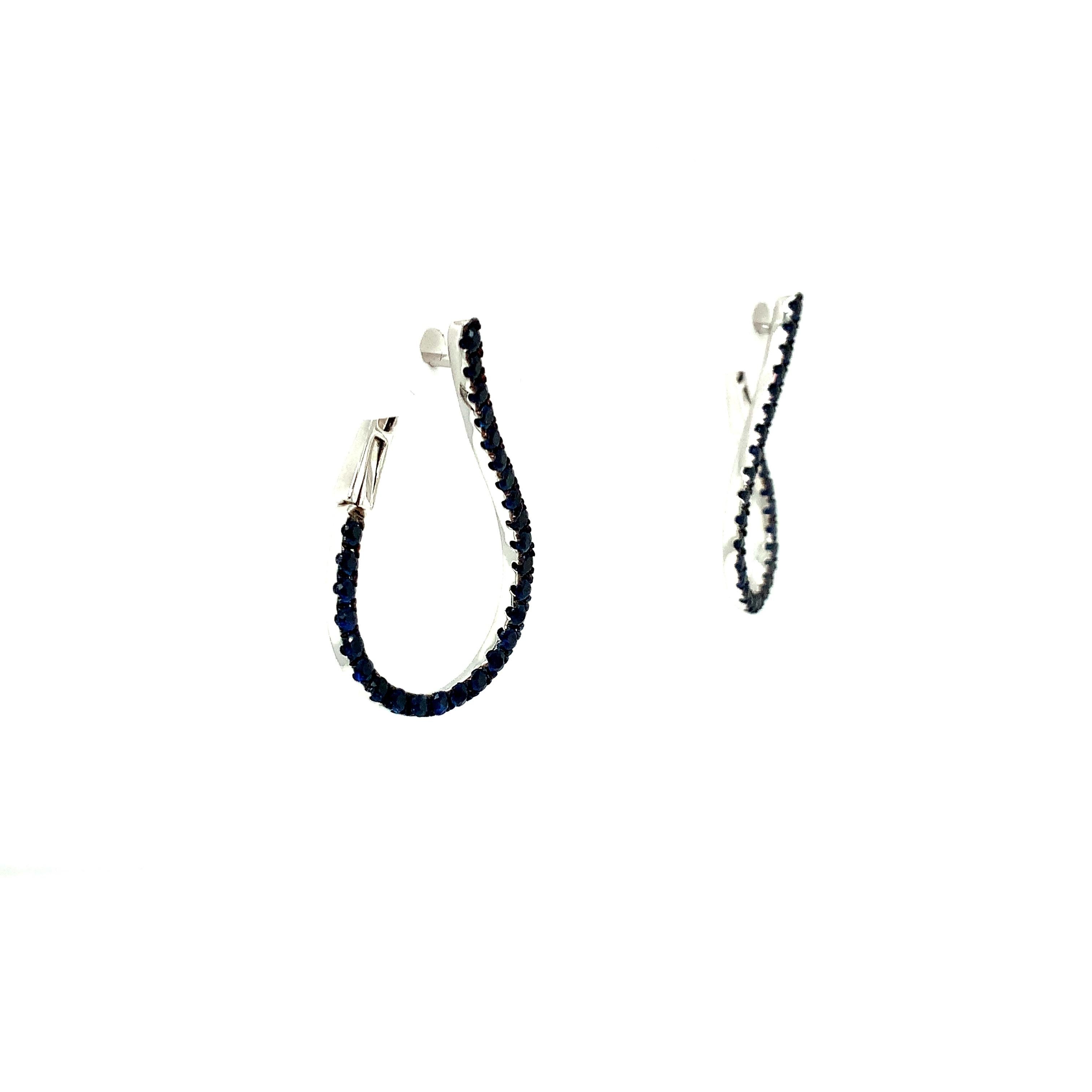 Women's Afarin Collection Blue Sapphire Tear Drop Shaped Hoop Earring Set in 18k White G For Sale