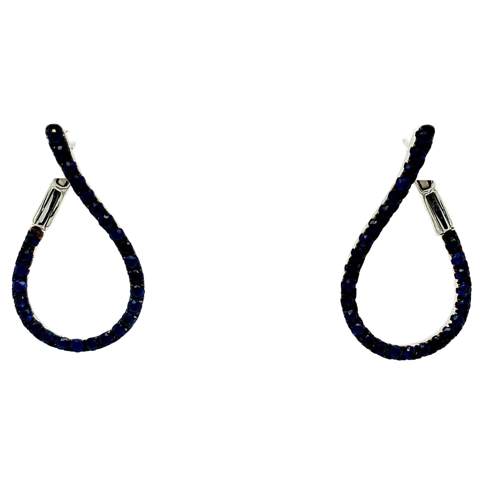 Afarin Collection Blue Sapphire Tear Drop Shaped Hoop Earring Set in 18k White G For Sale