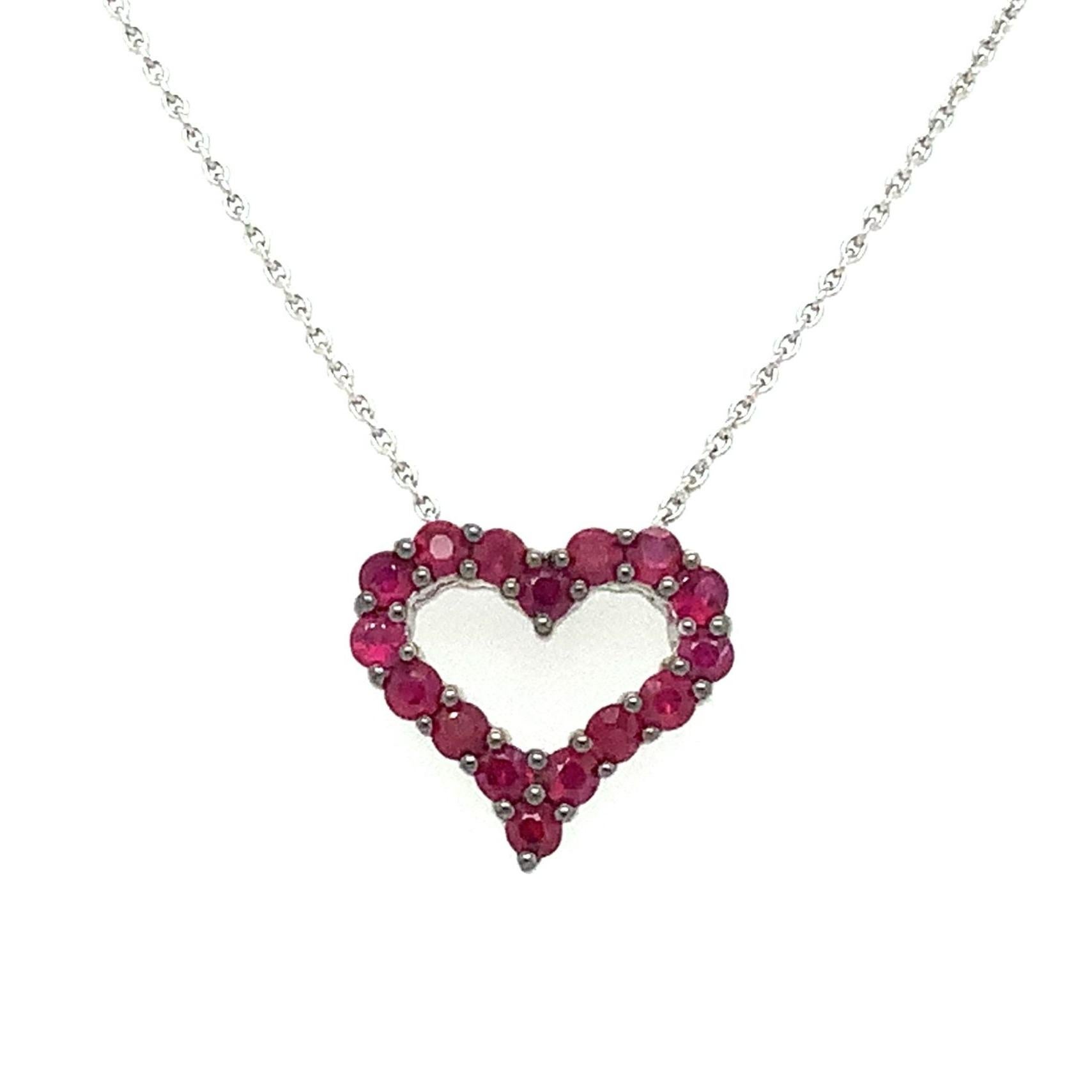 Afarin Collection Classic 1 Row African Ruby Heart Shape Necklace Set in 18K White Gold and Black Rhodium Finish.
16 Round Rubies =0.67 cts t.w.
18