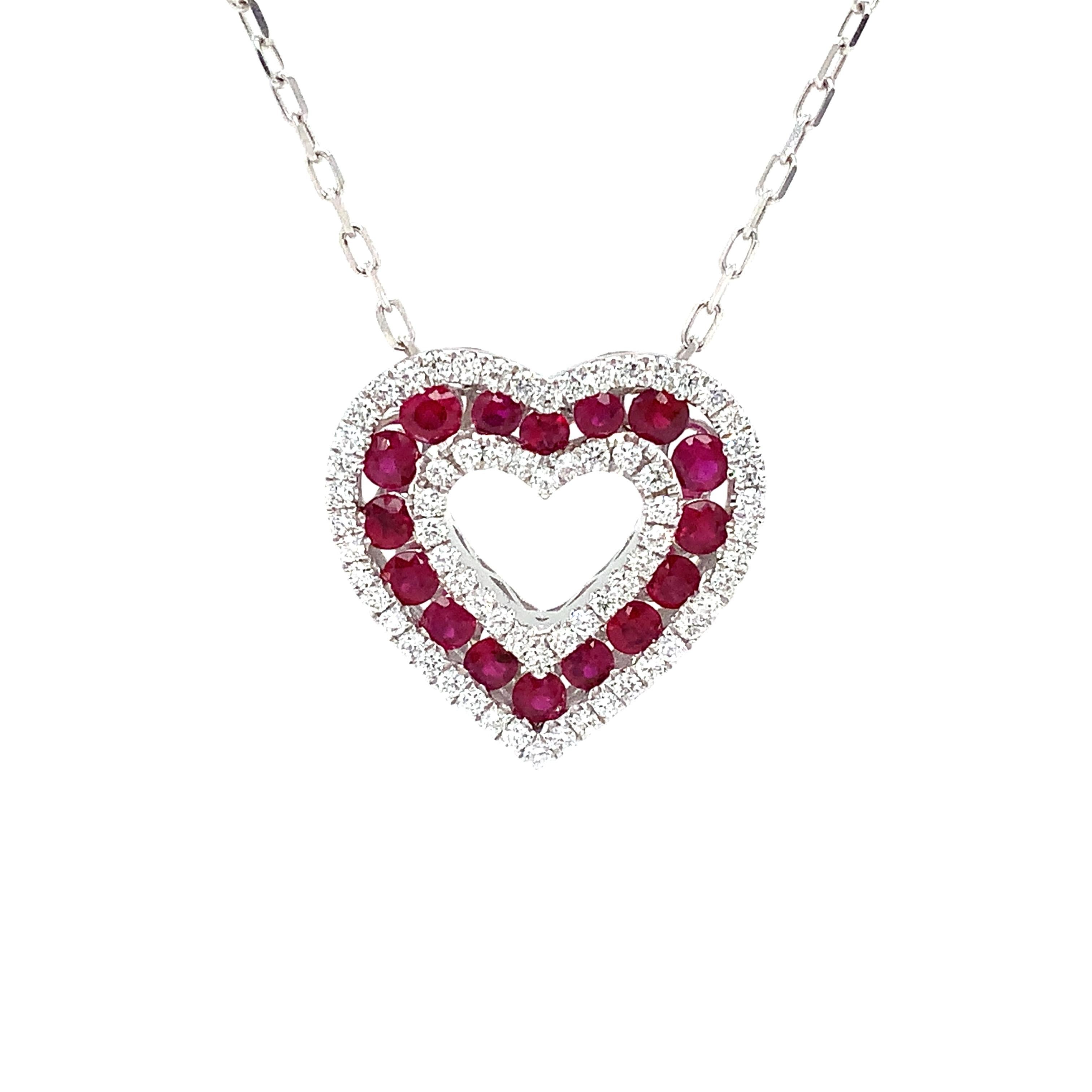 Modern Afarin Collection Classic 3 Row African Ruby and Diamond Heart Shape Necklace For Sale