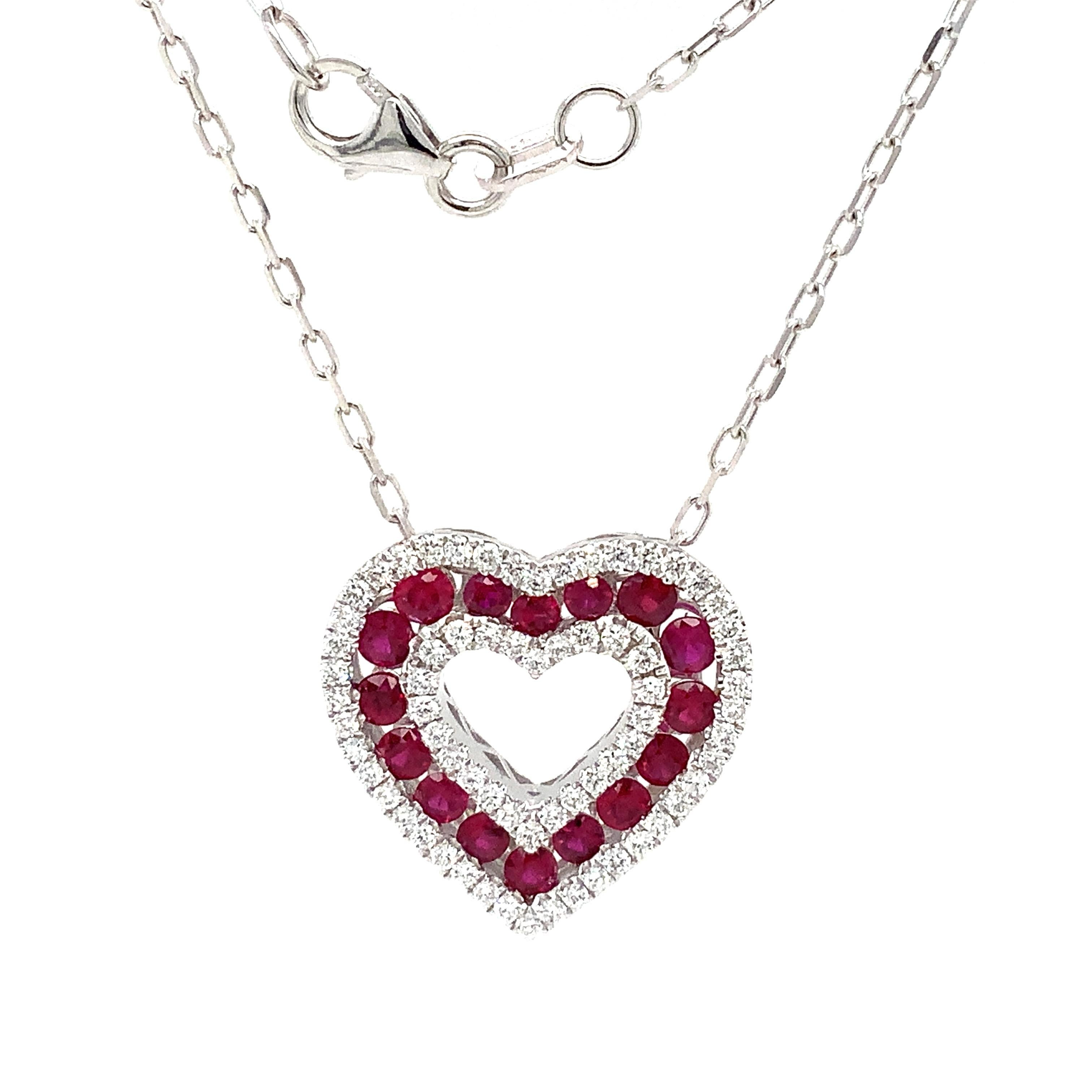 Brilliant Cut Afarin Collection Classic 3 Row African Ruby and Diamond Heart Shape Necklace For Sale
