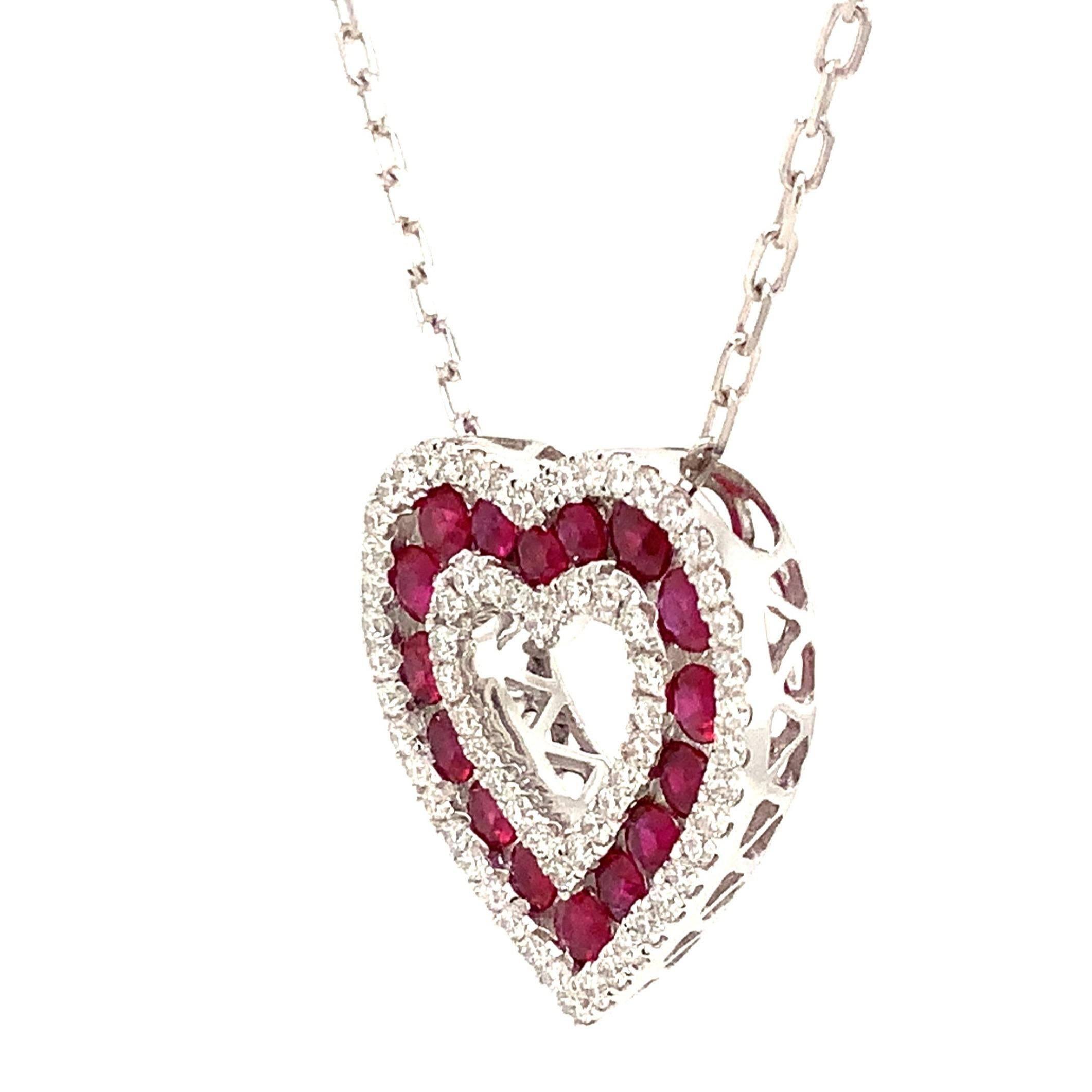 Women's Afarin Collection Classic 3 Row African Ruby and Diamond Heart Shape Necklace For Sale