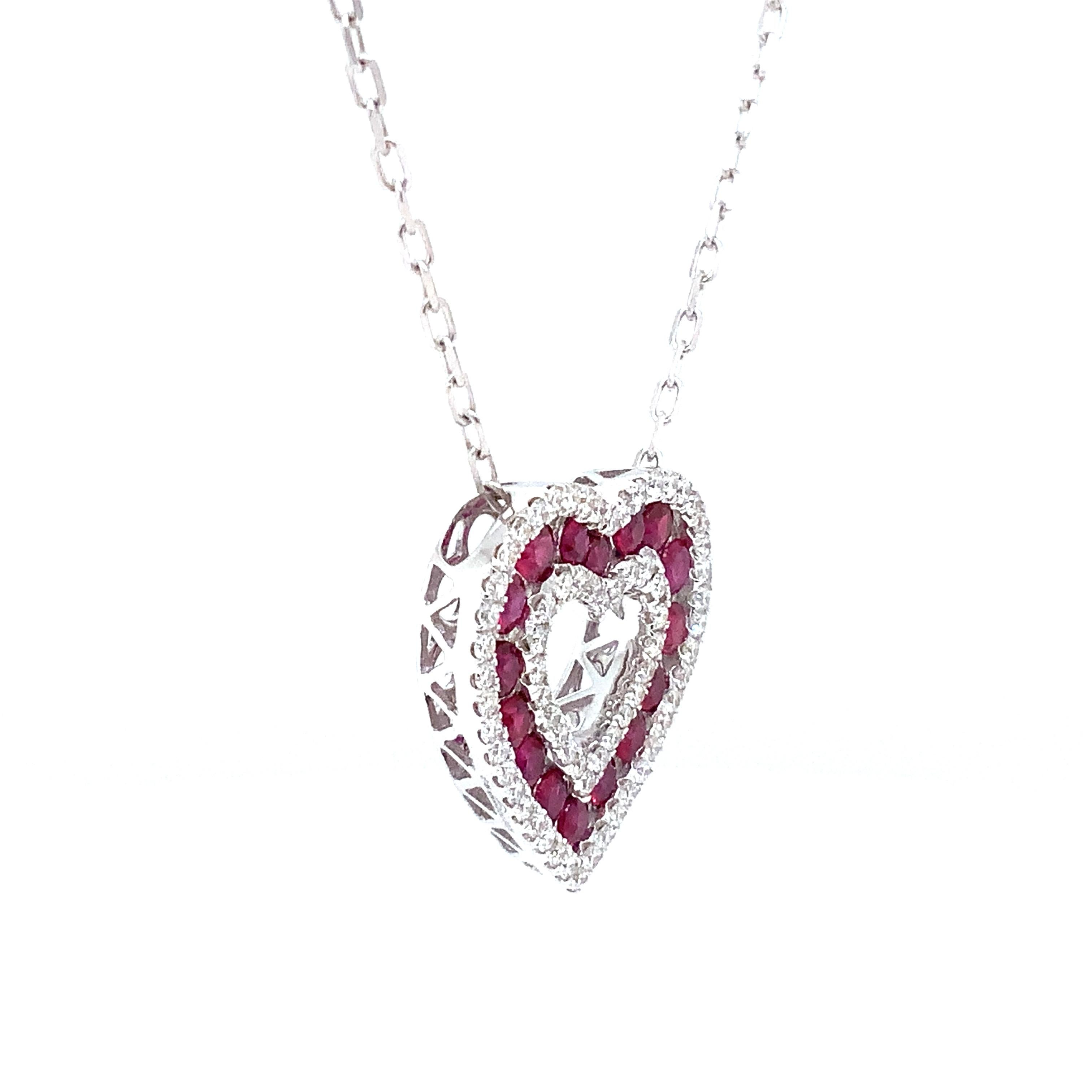 Afarin Collection Classic 3 Row African Ruby and Diamond Heart Shape Necklace For Sale 1