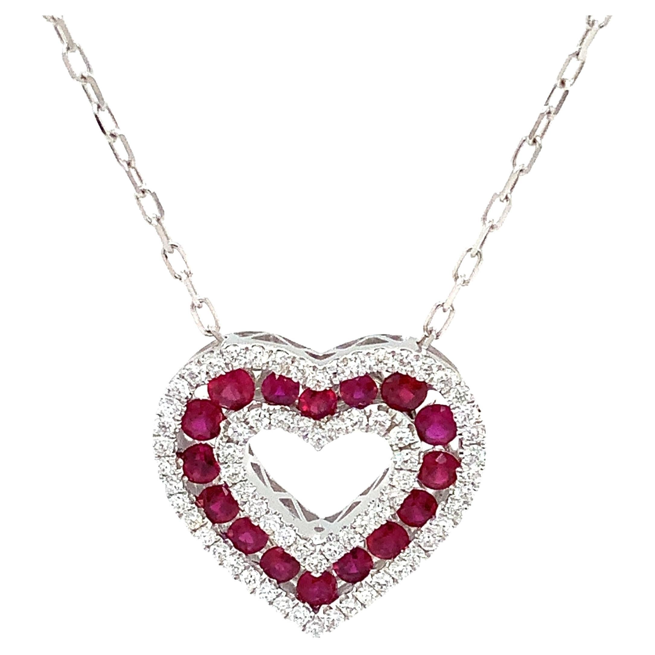 Afarin Collection Classic 3 Row African Ruby and Diamond Heart Shape Necklace For Sale