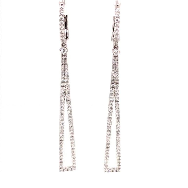 The Afarin Collection Dramatic Arte Deco Diamond Drop Earrings 18K White Gold feature 170 Round Brilliant Cut Diamonds equaling 1.43 cts. tw.
All Diamonds are F in color and VS1 clarity,
Excellent make and polish, 
The length of this earring is 65mm