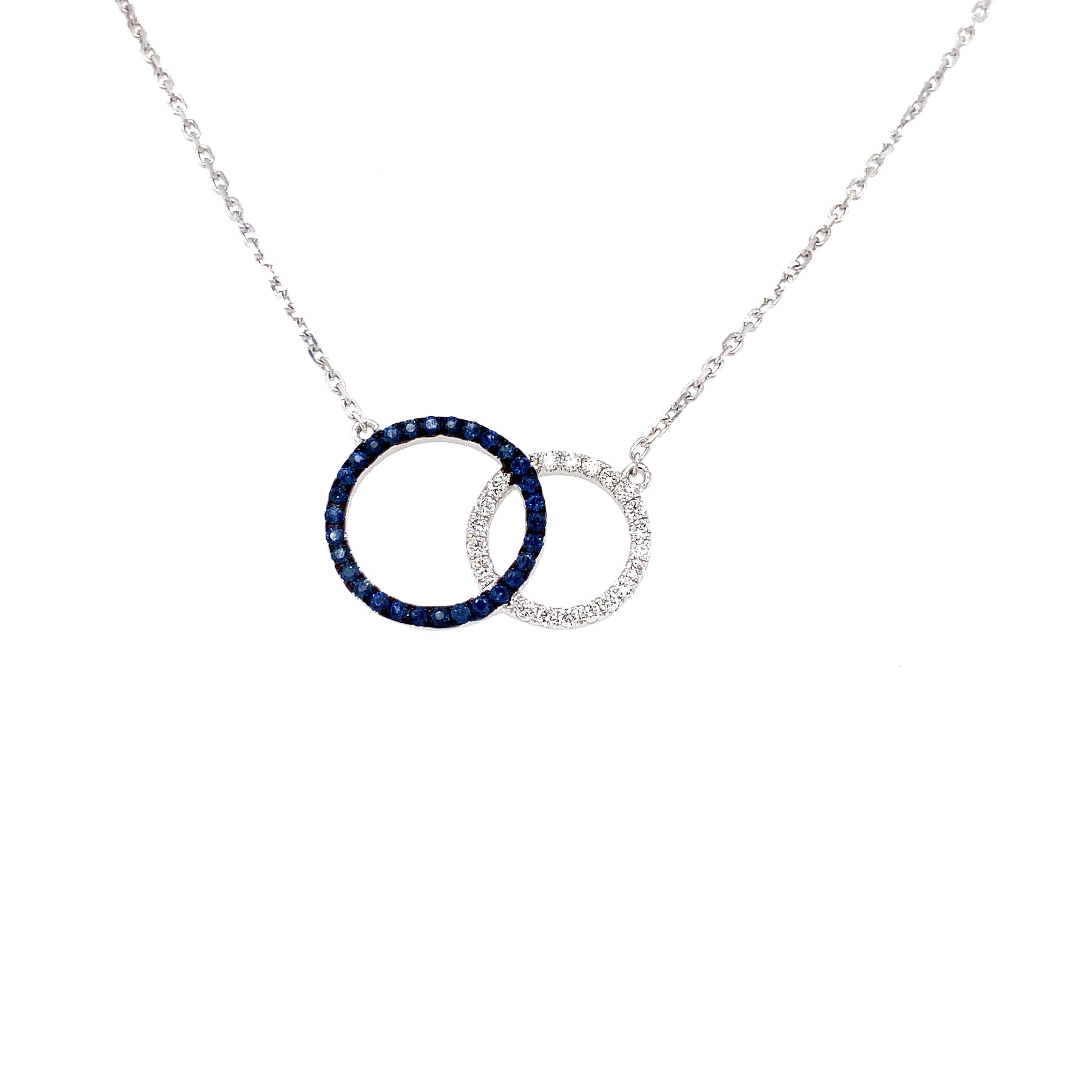 Modern Afarin Collection Love Knot Blue Sapphire and Diamond Necklace Set in 18k White For Sale