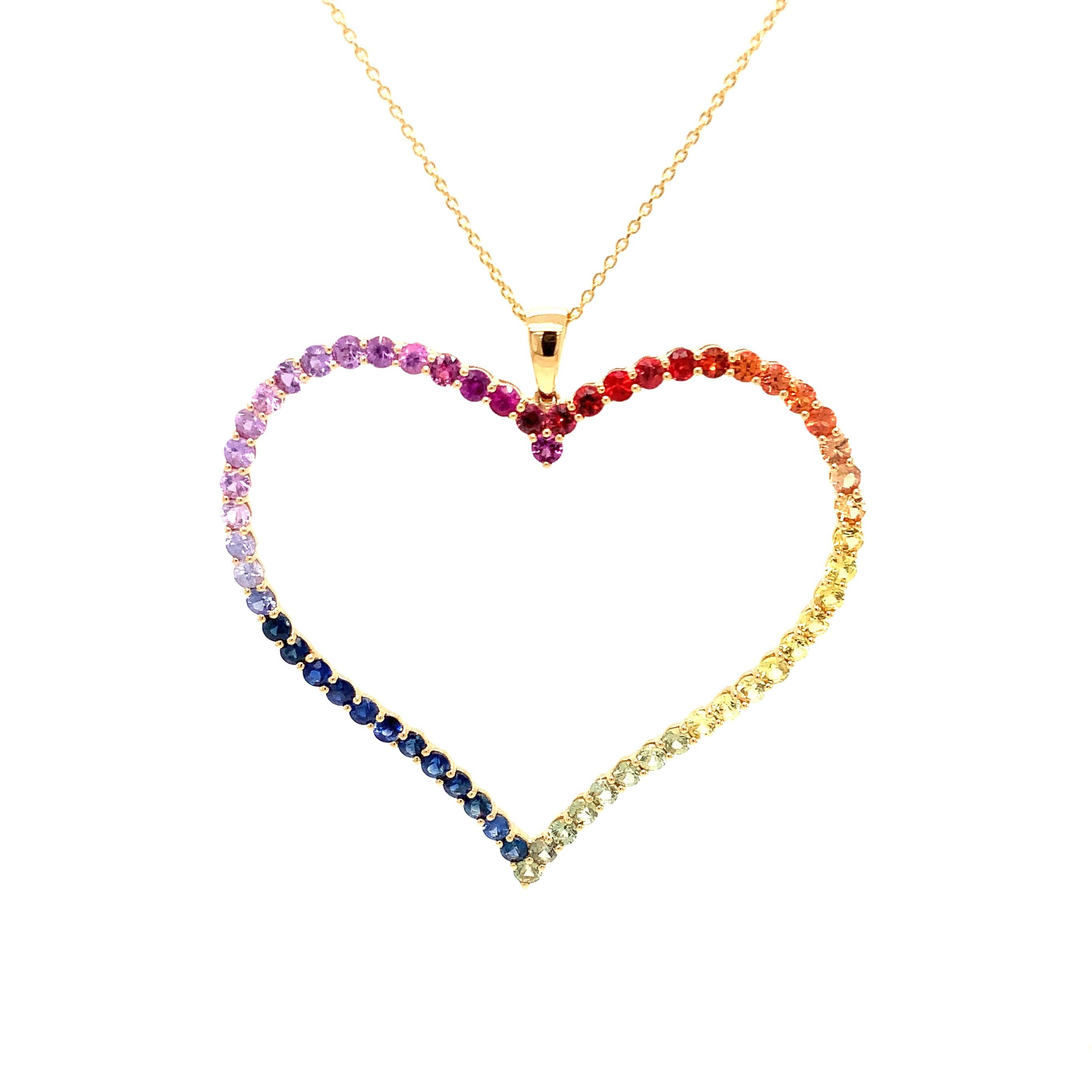 Afarin Collection Multi-Color Rainbow Sapphire Heart Shaped 18K Yellow Gold Pendant
60 Round Brilliant Cut Spectrom Sapphires equal 4.05 cts t.w.
This Beautiful Pendant is 48.71 x 48.71mm 
18
