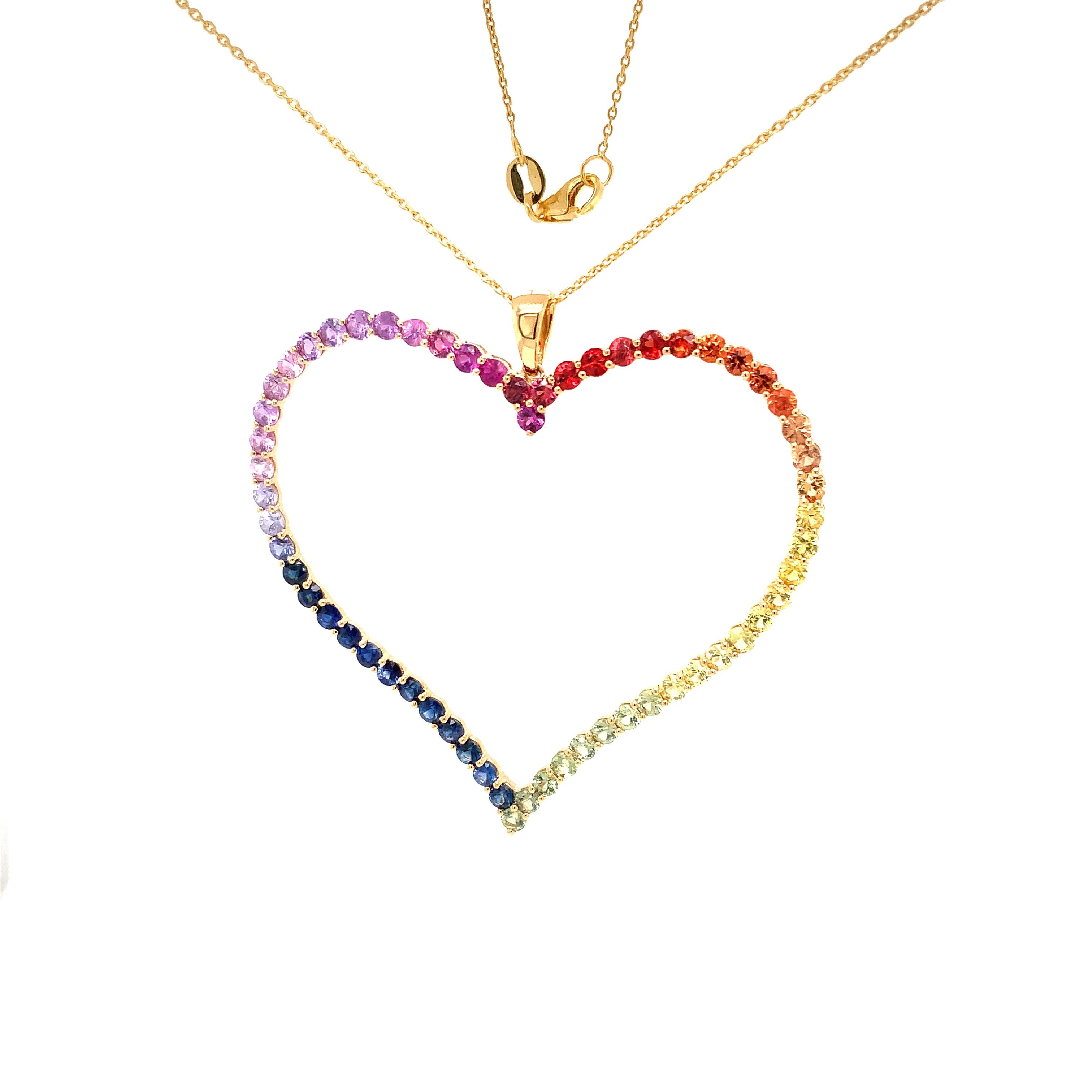 Women's or Men's Afarin Collection Multi Color Rainbow Sapphire Heart Shaped 18k Yellow Gold For Sale
