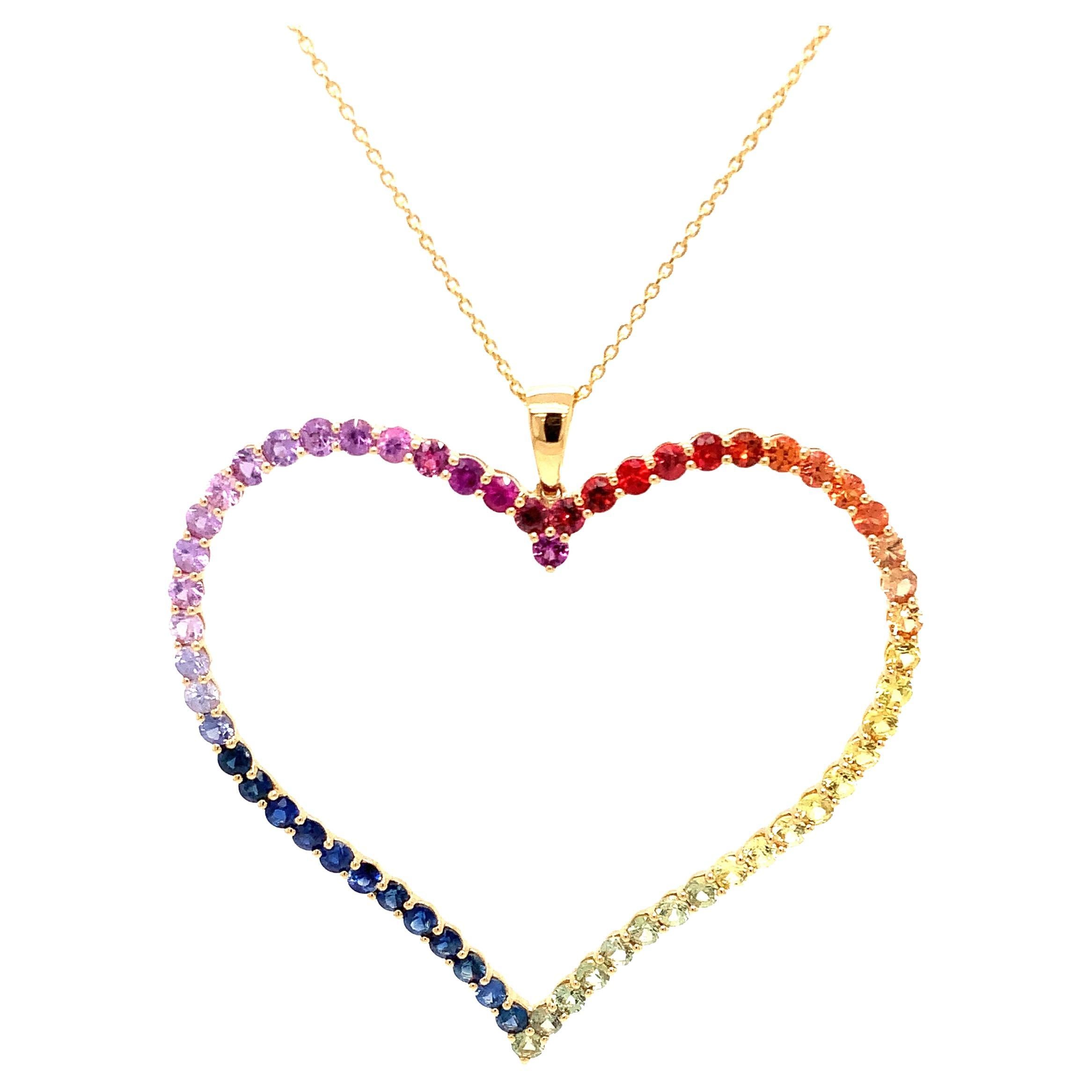 Afarin Collection Multi Color Rainbow Sapphire Heart Shaped 18k Yellow Gold For Sale