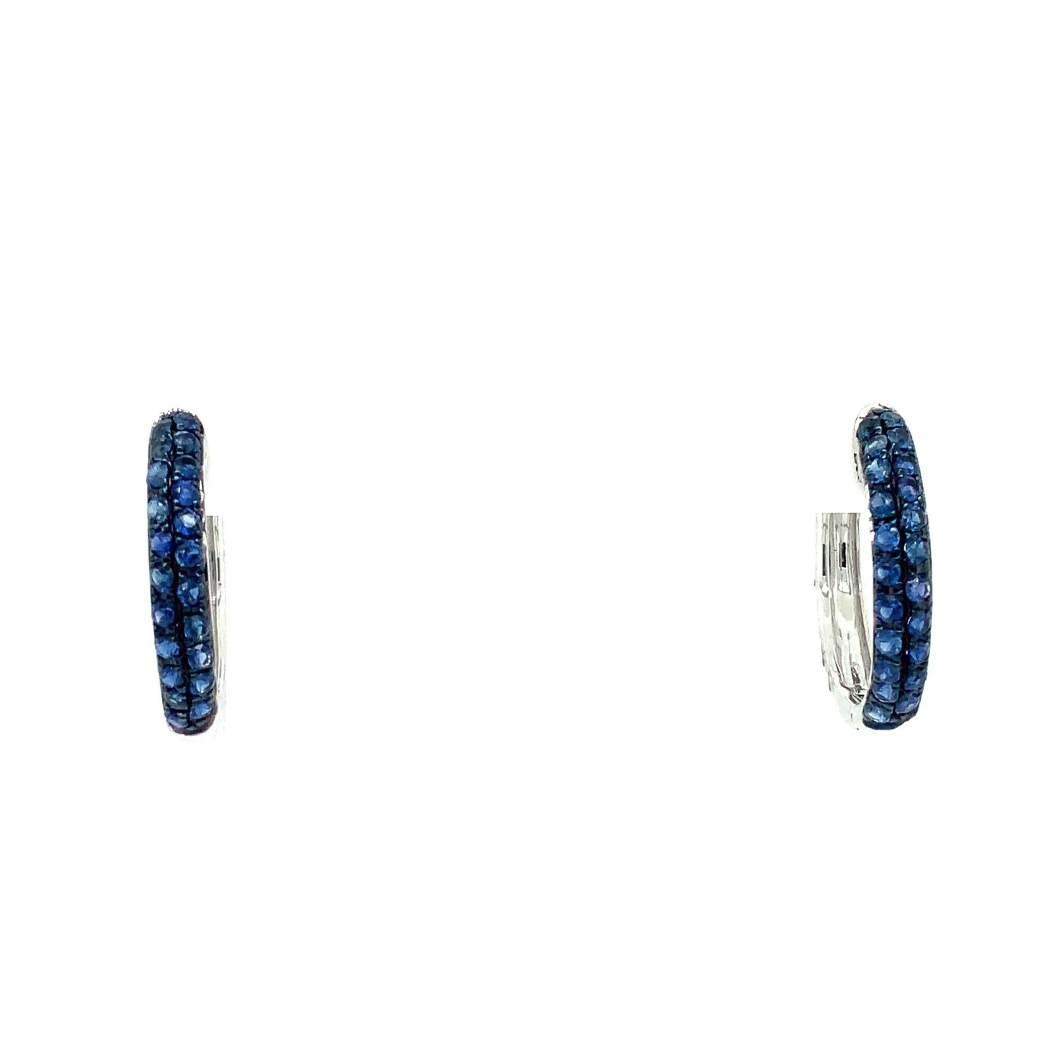 Modern Afarin Collection Pavé Blue Sapphire Huggies Earring 18k White Gold and Black Rh For Sale