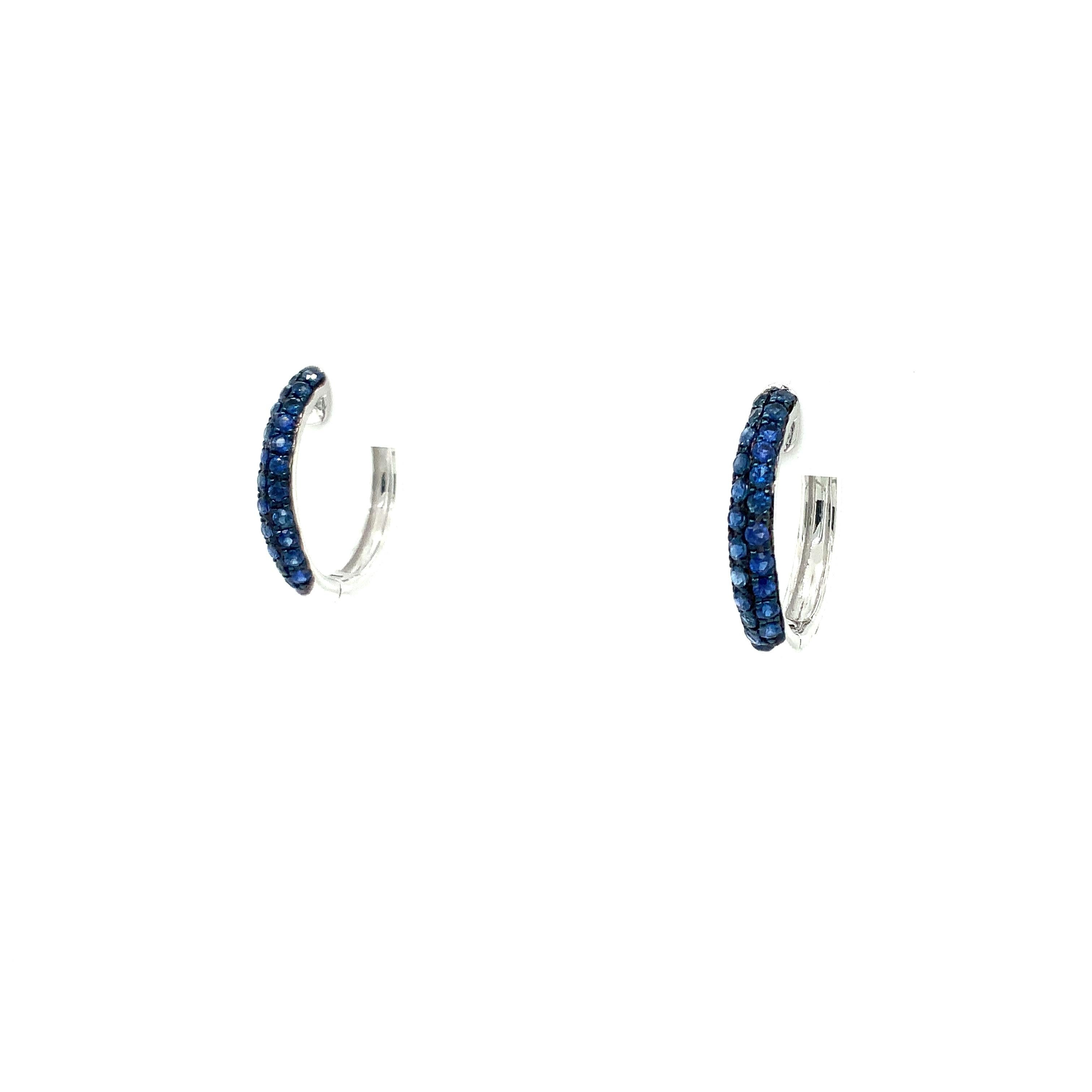 Brilliant Cut Afarin Collection Pavé Blue Sapphire Huggies Earring 18k White Gold and Black Rh For Sale