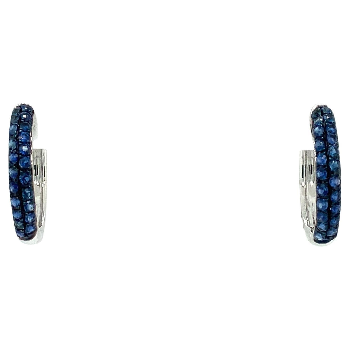 Afarin Collection Pavé Blue Sapphire Huggies Earring 18k White Gold and Black Rh For Sale