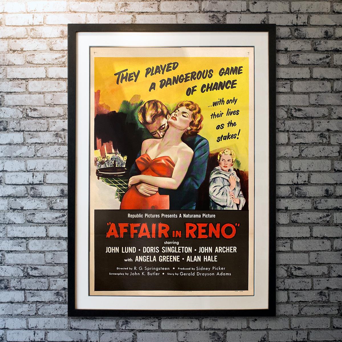 A tycoon sends a PR man (John Lund) and a woman detective (Doris Singleton) to Reno to buy off a gambler (John Archer) courting his daughter.

Linen-backing: £175

Framing options:
Glass and single mount £250
Glass and double mount £275
Anti