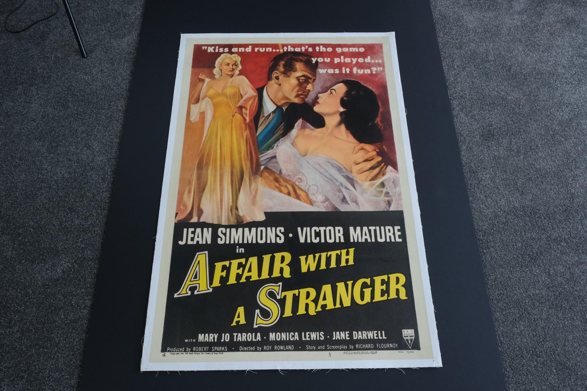Size: one sheet

Condition: very fine

Dimensions: 1150mm x 780mm (inc. Linen Border)

Type: original lithographic print - linen backed

Year: 1953

Details: A rare original poster for the film ‘Affair With A Stranger’. This poster looks