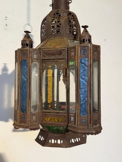Fascinating suspended iron and stained glass lantern "Marrakech" , 1970s