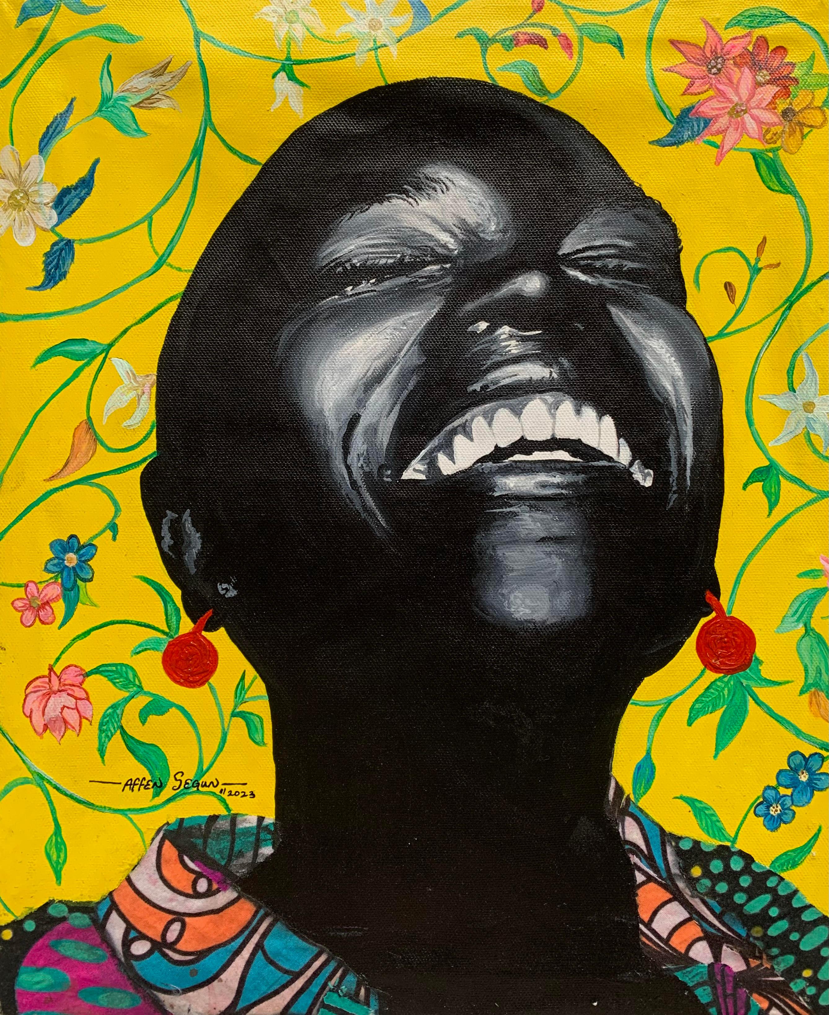 Affen Segun Figurative Painting - "Bloom from Within" Acrylic painting of a woman smiling over a floral background