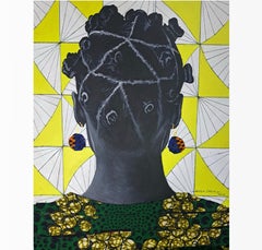 "Bantu Knot" back view portrait of woman wearing earrings and gold shirt