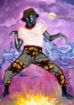Dancing Around The Fire I, Peinture - Acrylique, tissu Ankara sur toile