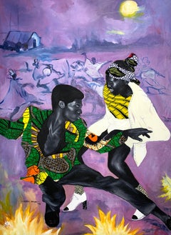 Bailando alrededor del fuego II, Pintura - Acrílico, tela de Ankara sobre lienzo