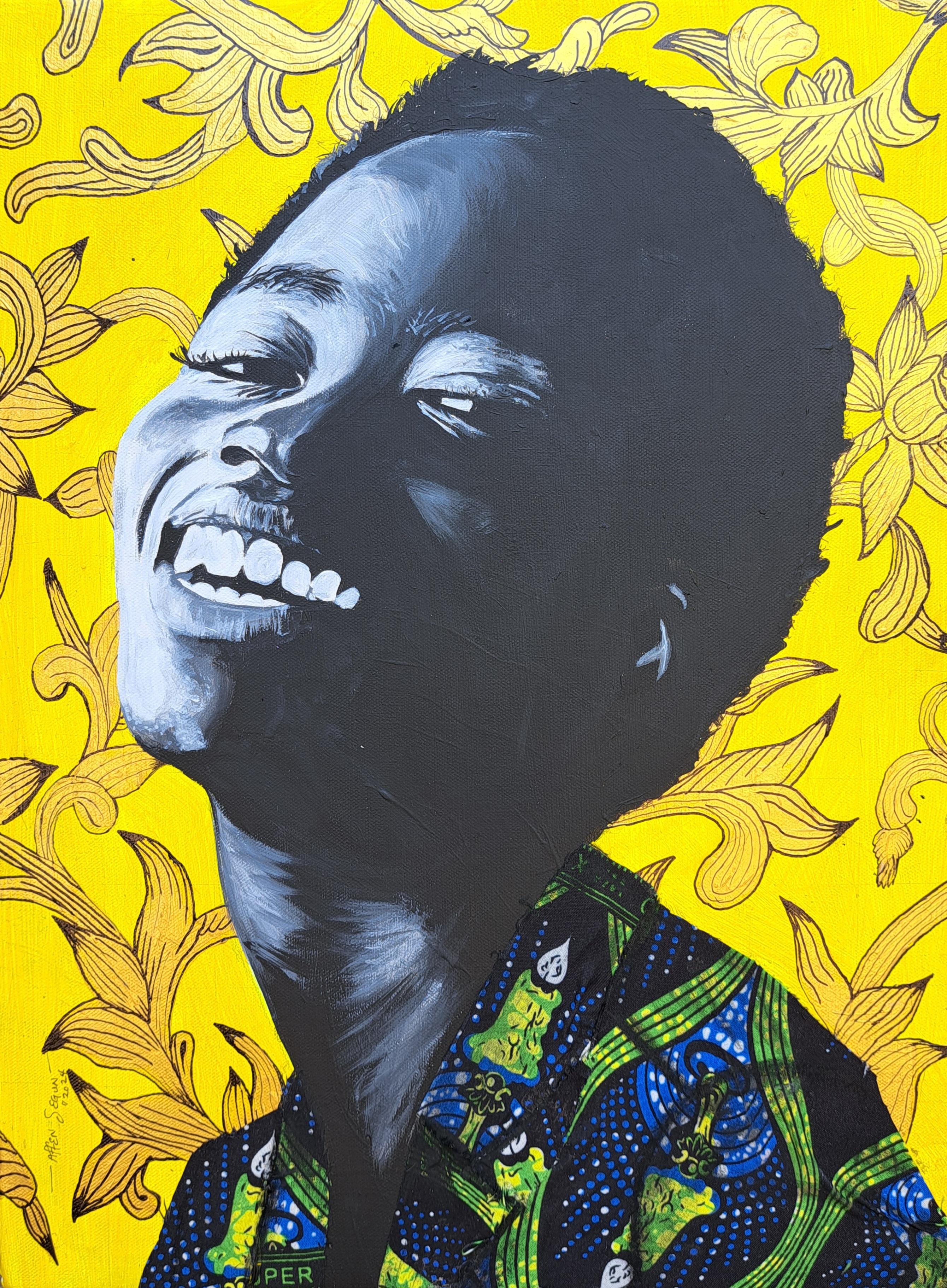 Affen Segun Portrait Painting - "Euphoria" portrait of joyful woman with blue shirt surrounded by flowers