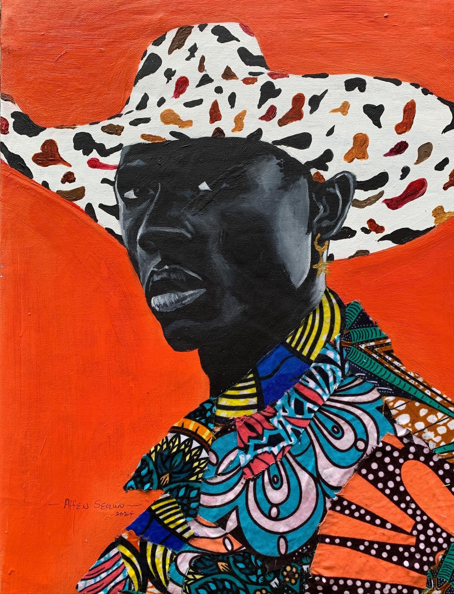 Affen Segun Portrait Painting - "I Stand Before You As Myself" Man in patterned clothing looks into the distance