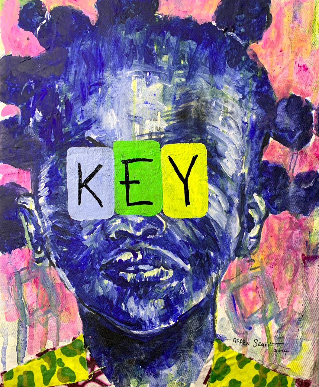 Figurative Painting Affen Segun - Keep Expanding Yourself (KEY), peinture - acrylique, tissu Ankara sur toile
