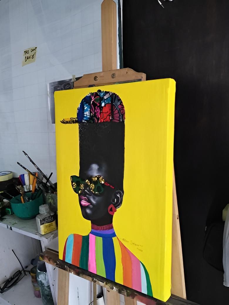 Oni Fila Gogoro VI, Peinture - Acrylique, tissu Ankara sur toile - Painting de Affen Segun