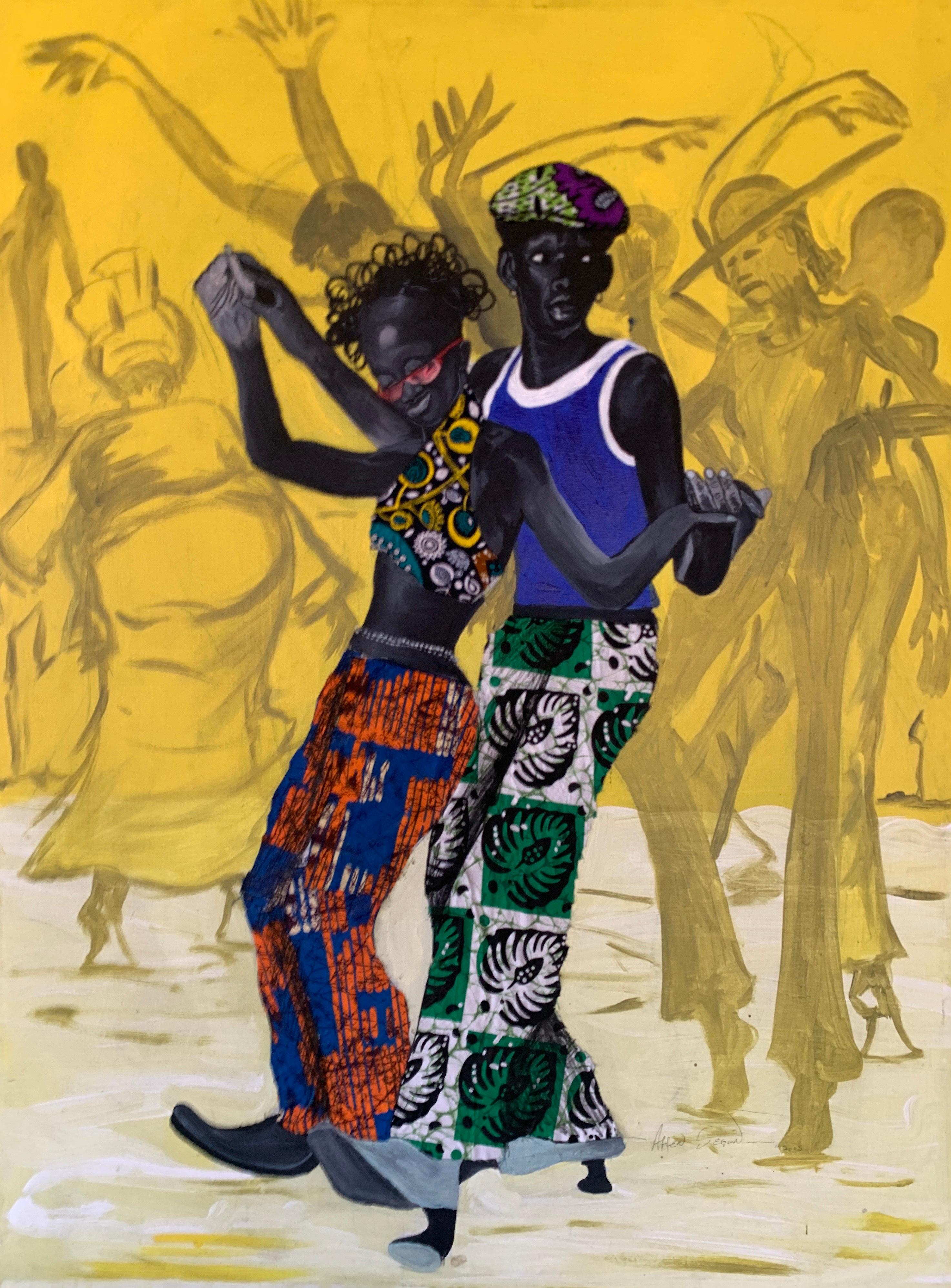 Affen Segun Figurative Painting - Party 99 - Painting, Acrylic and Ankara fabric on canvas