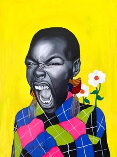 Say It Out Loud IIIII (Soro soke), peinture, acrylique, tissu d'Ankara sur toile