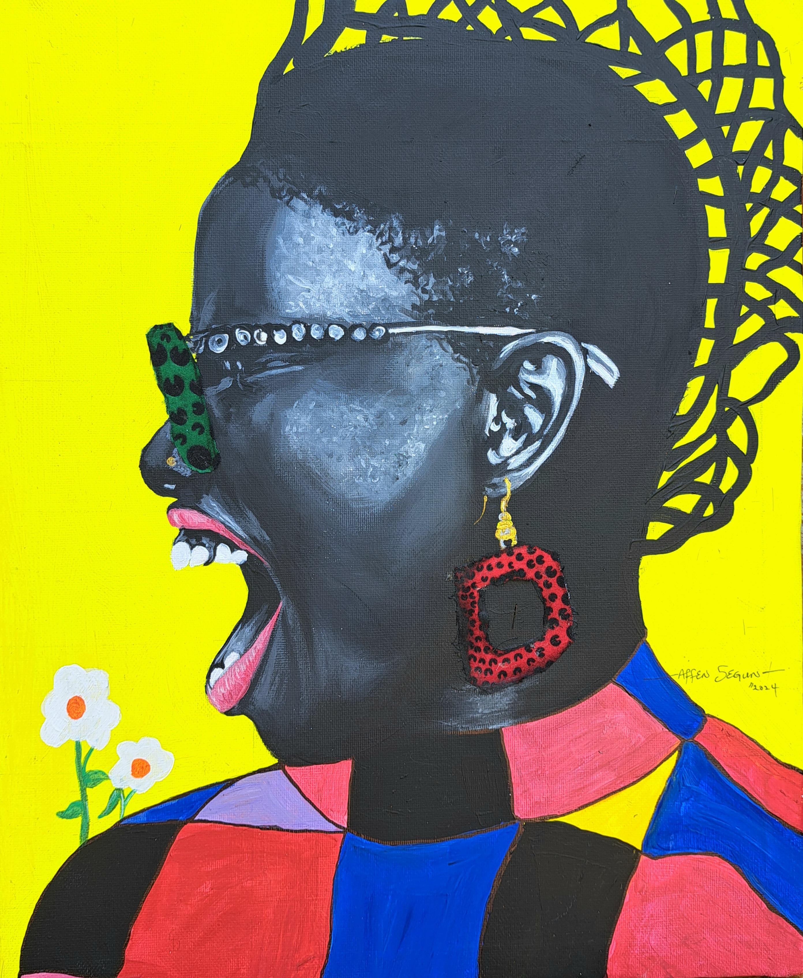 Portrait Painting di Affen Segun - "Say it Out Loud (Soro Soke)" donna elegante con la bocca aperta, in fiore