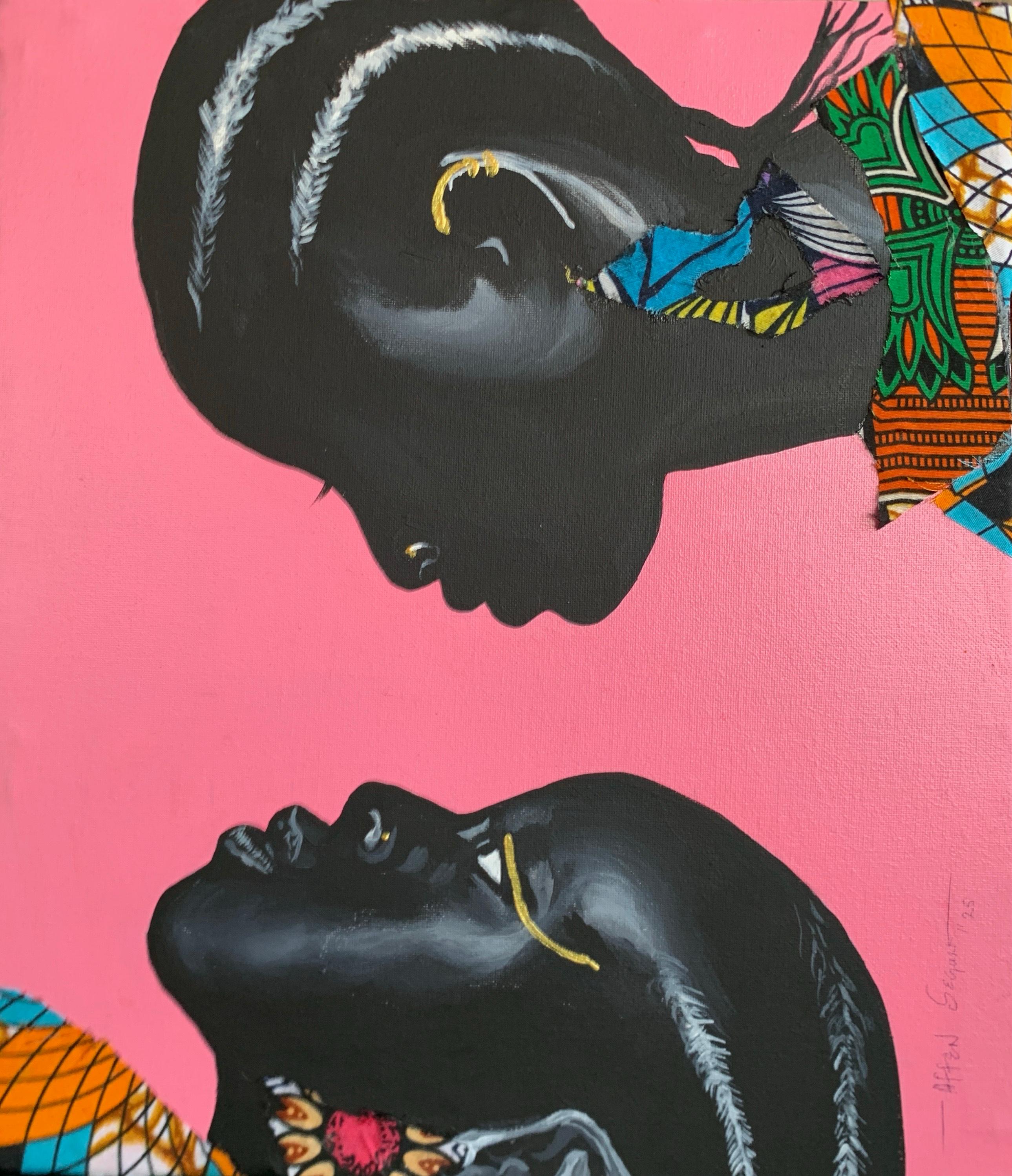 Affen Segun Figurative Painting - Sing me a song - Painting, Acrylic and Ankara fabric on canvas