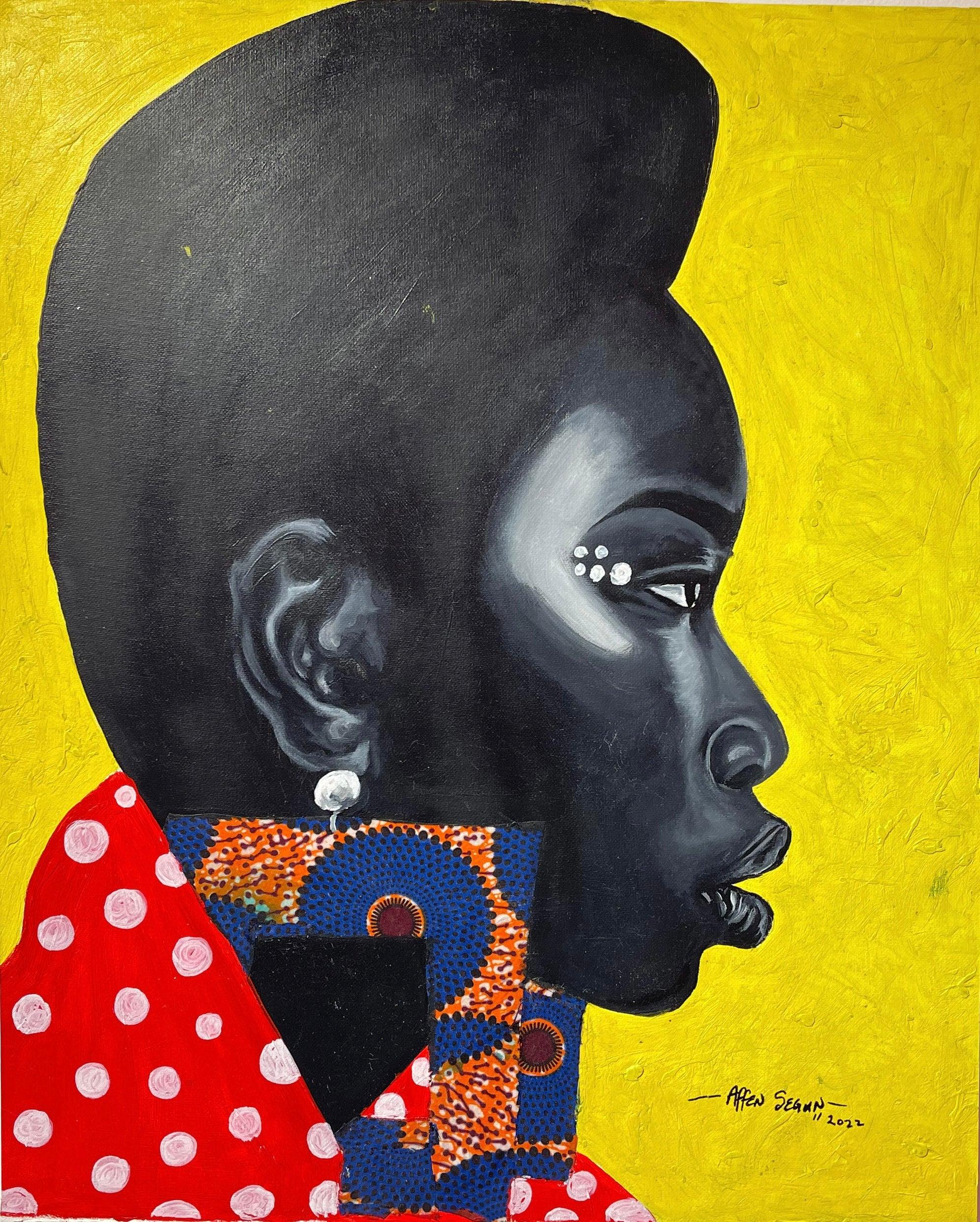 Affen Segun Figurative Painting - "Sisi Black and Shine" Acrylic portrait of Black woman with yellow background