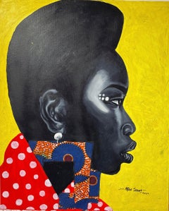 „Sisi Black and Shine“ Acrylporträt einer schwarzen Frau mit gelbem Hintergrund