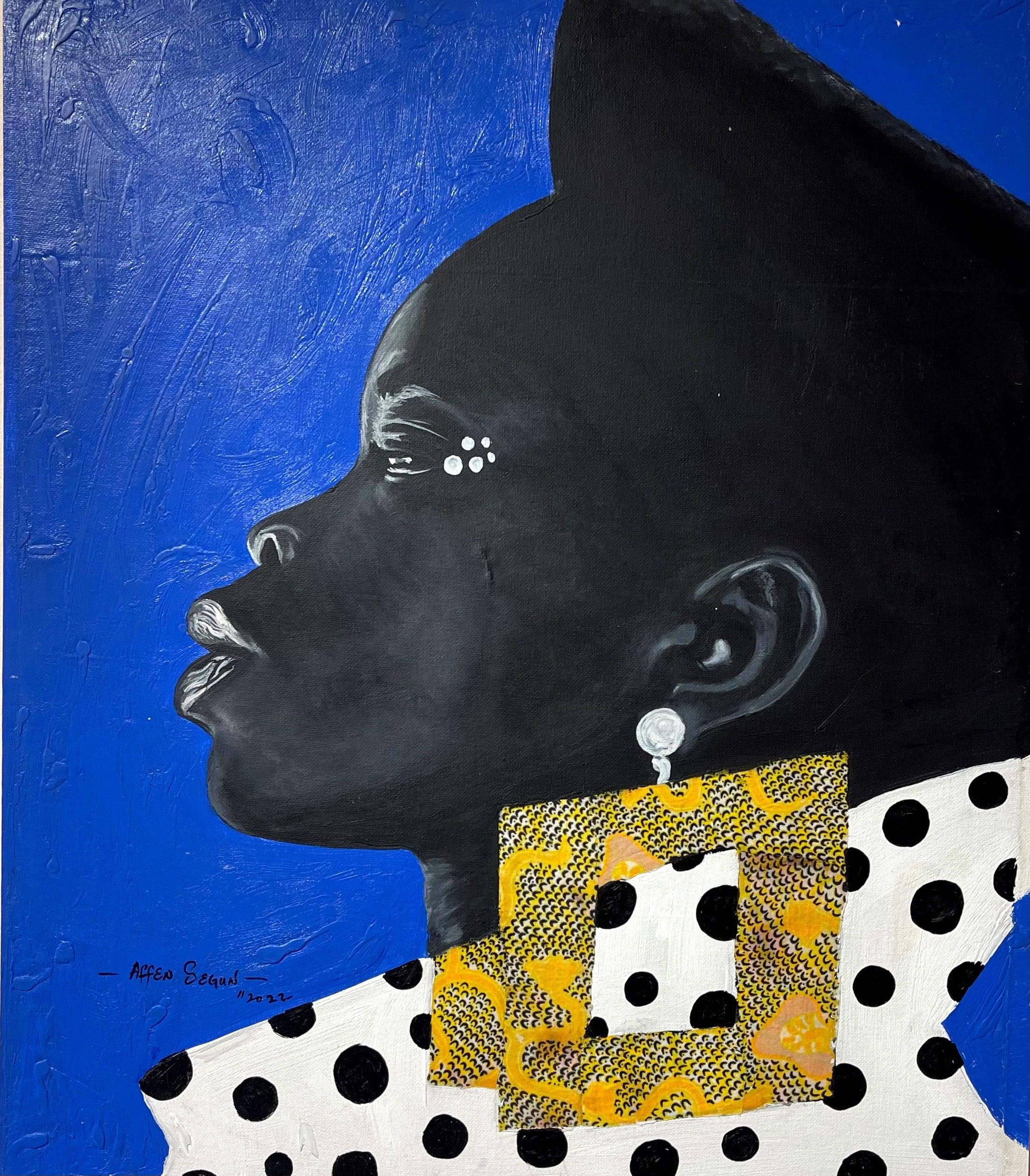 Affen Segun Figurative Painting – „Sisi Black and Shine II“ Acrylporträt einer schwarzen Frau mit blauem Hintergrund