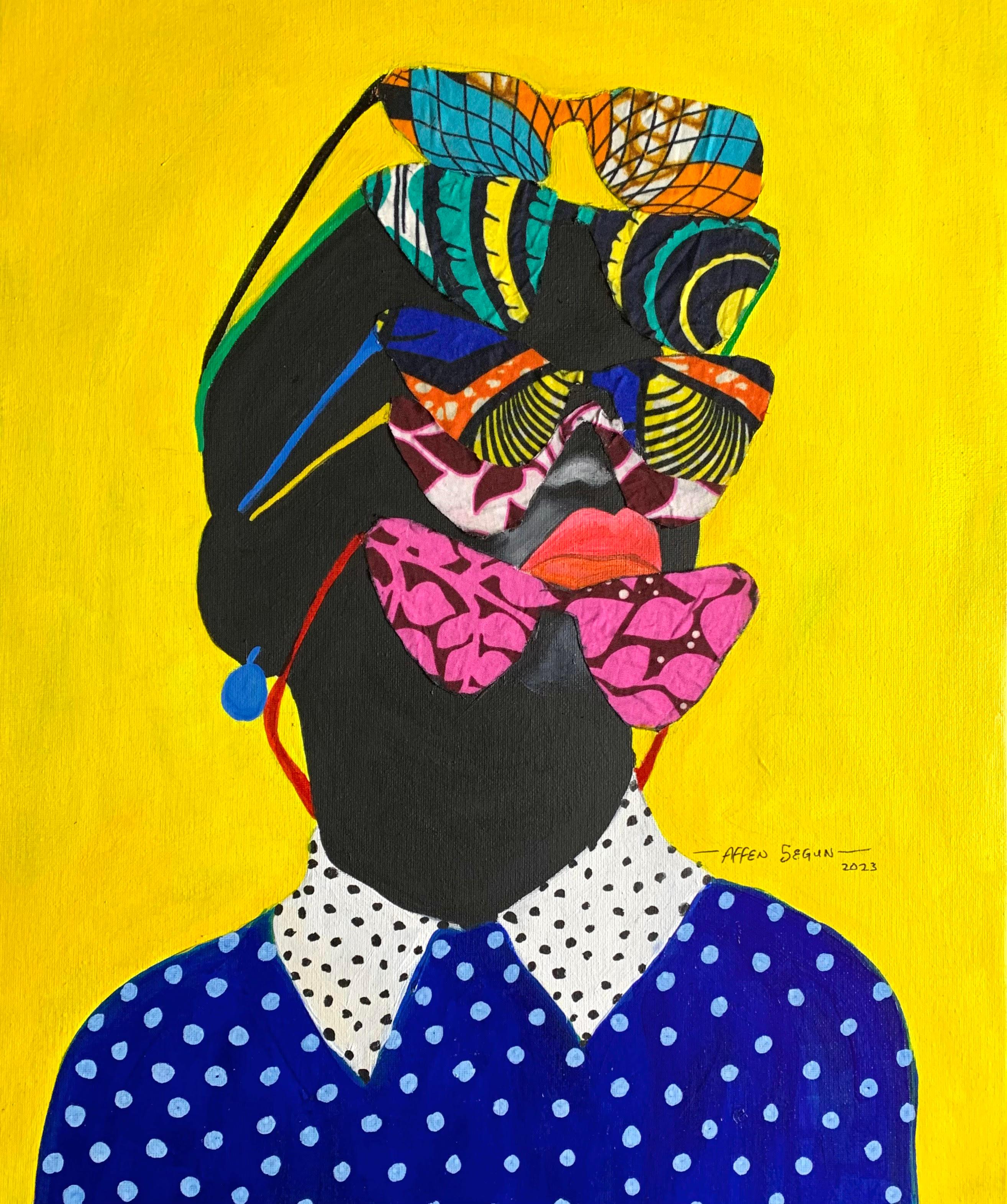 Figurative Painting Affen Segun - "Tell Me What You See" Peinture acrylique d'une femme noire portant de nombreuses lunettes de soleil. 