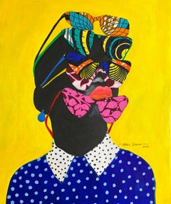 "Tell Me What You See" Peinture acrylique d'une femme noire portant de nombreuses lunettes de soleil. 