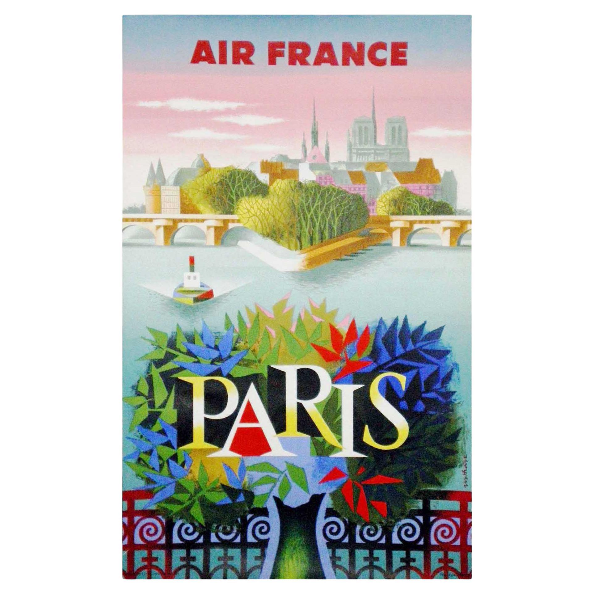 Affiche ancienne originale de voyage, Air France Paris, Nathan 1957 For Sale