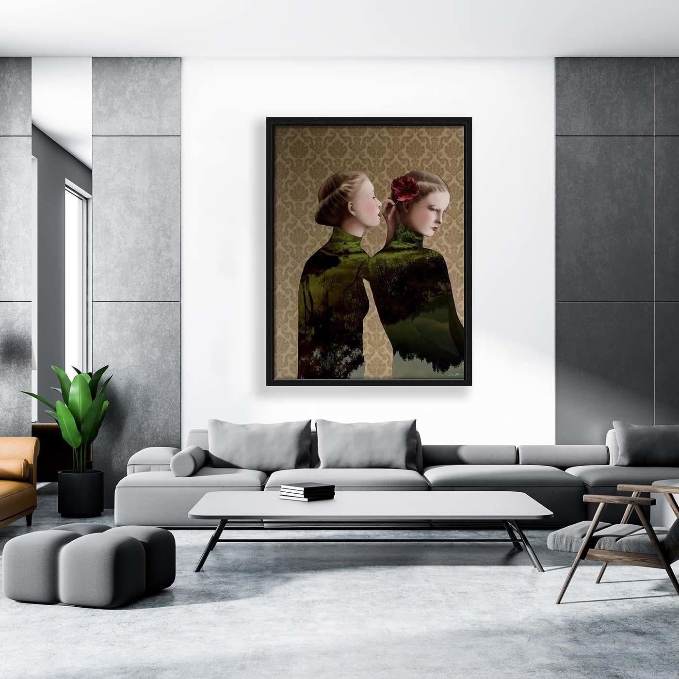 This Limited Edition, Pop-Surrealist digital artwork is made by assembling photographs and illustrations into a collage. This sensual piece features two elegant, identically dressed women, one of whom intimately whispers into the ear of the other.