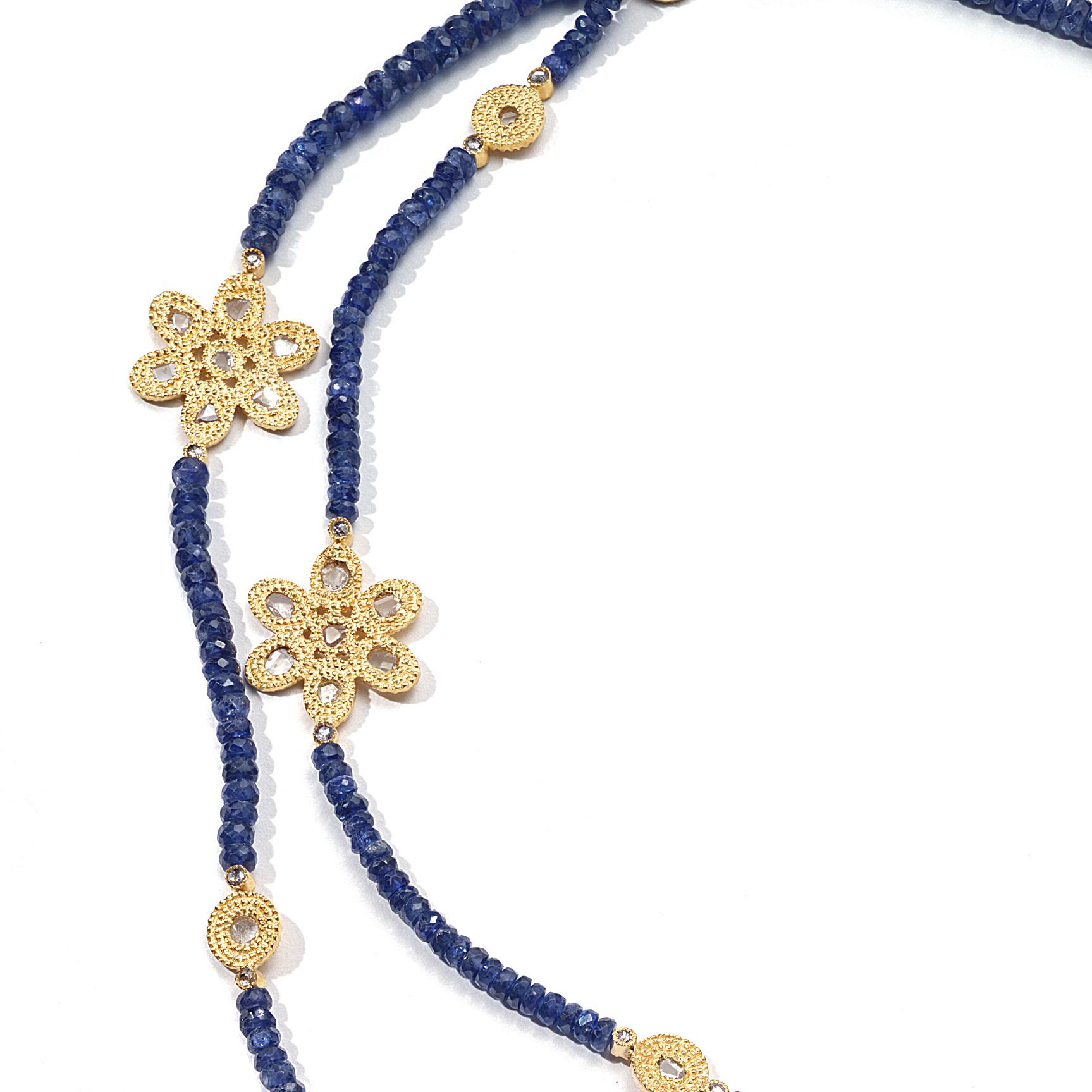 36IN Necklace with 98.02CTS Sapphire Beads,3.42CTS Diamonds, 20K Gold Flower Components, and Opera Components