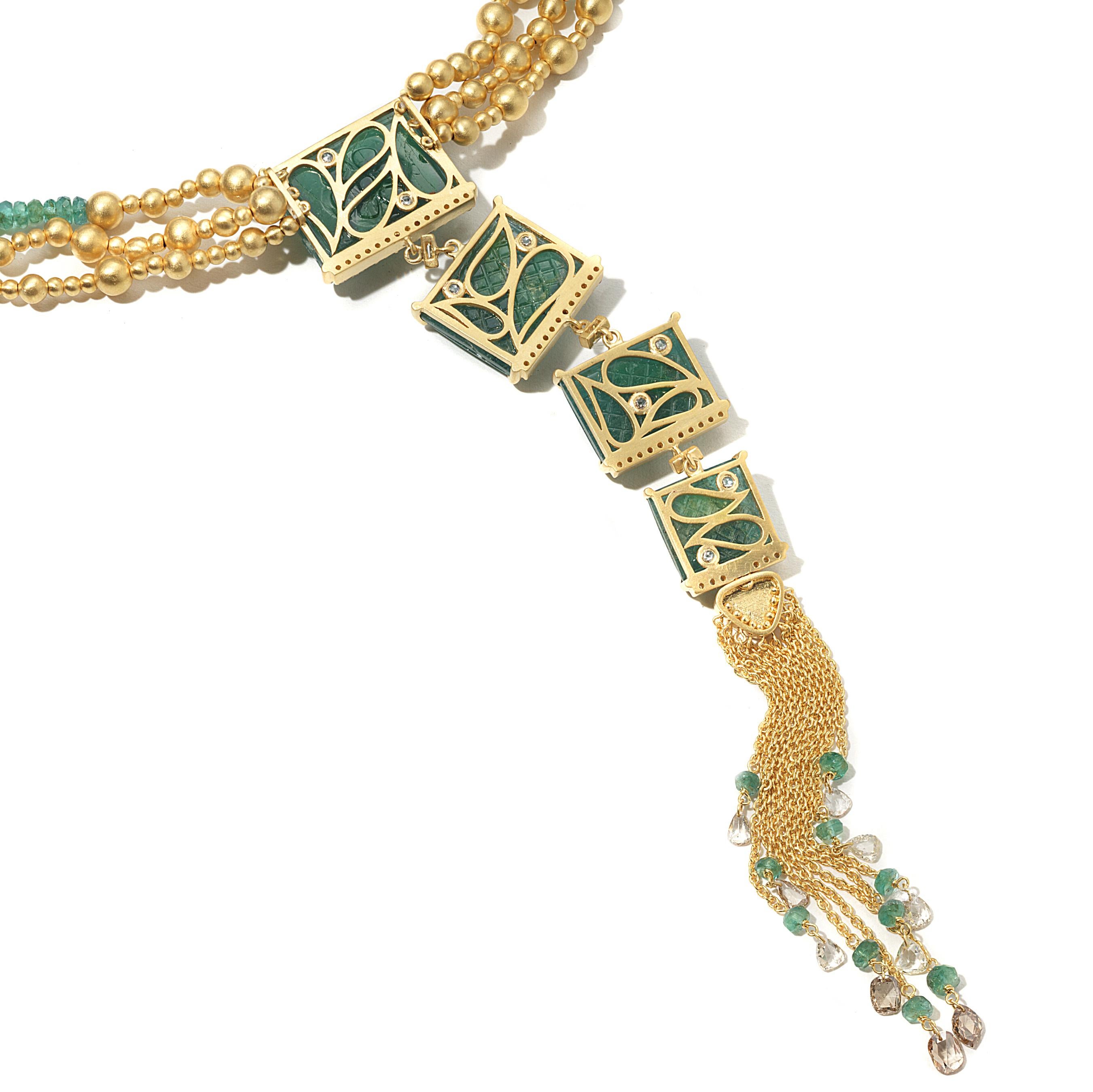 Affinity Drop Necklace with 121.83CTS of Carved and Beaded Emeralds, and 2.01CTS of Diamonds. Set in 20K Yellow Gold.