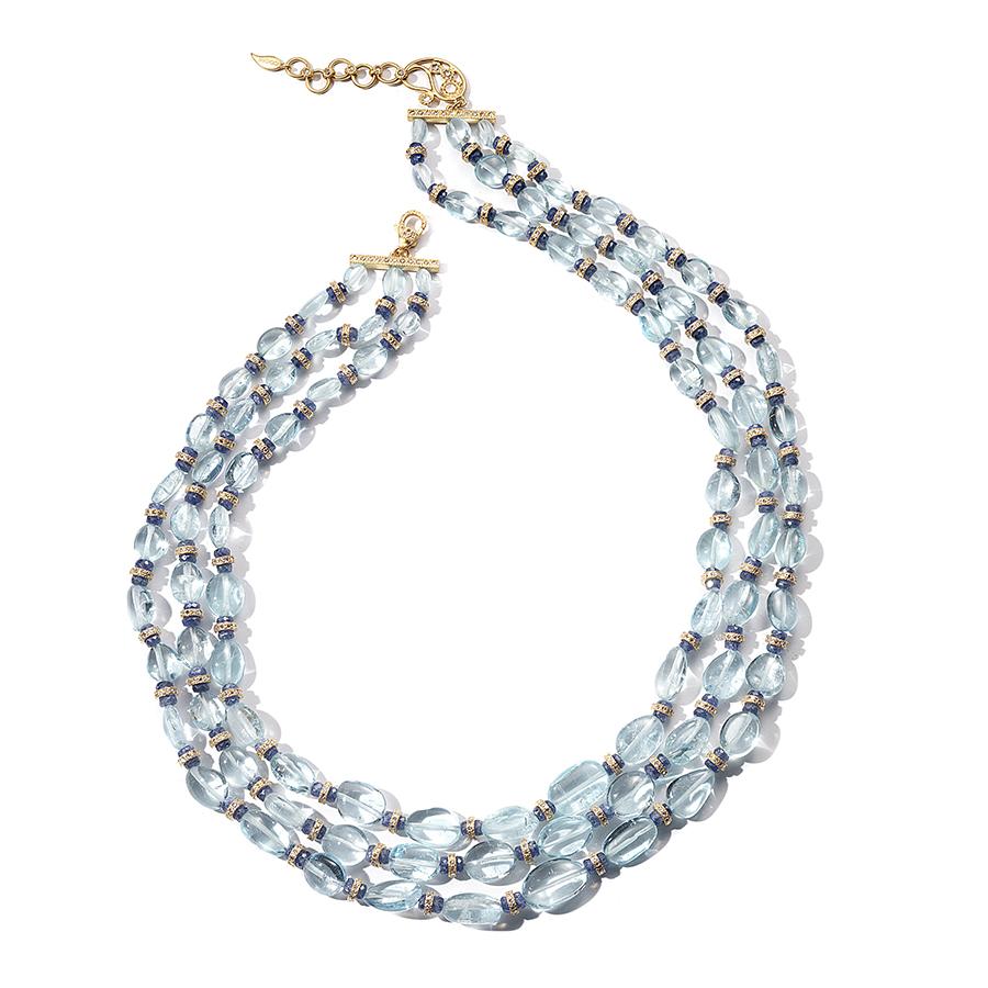 Bead Aquamarine and Diamonds with Blue Sapphire Statement Necklace