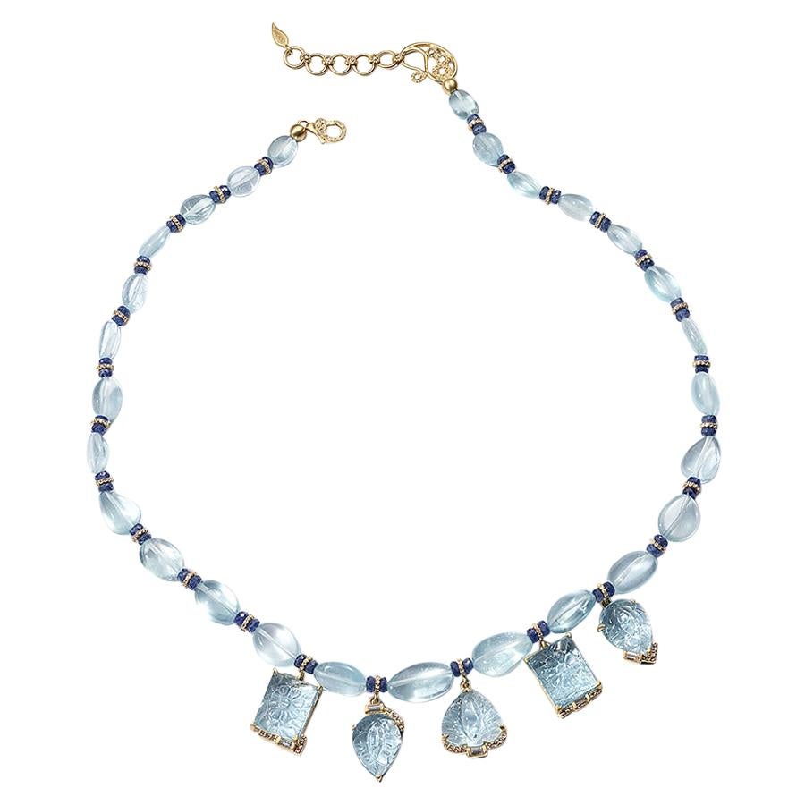 Carved Beaded Aquamarine, Blue Sapphire and Diamond Necklace 