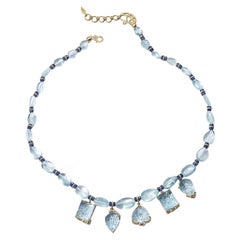 Carved Beaded Aquamarine, Blue Sapphire and Diamond Necklace