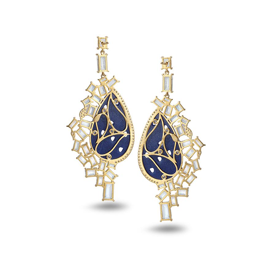 One of a kind Affinity Aquamarine 12.48CTS, Diamond 0.56CTS, and carved Sodalite 26.7CTS earrings set in 20kt yellow gold.