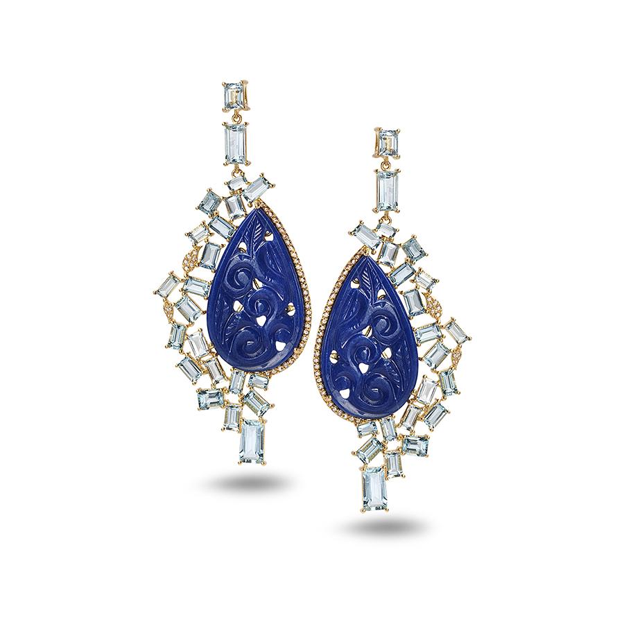 Contemporary Affinity Aquamarine, Diamond, and Carved Sodalite Earring
