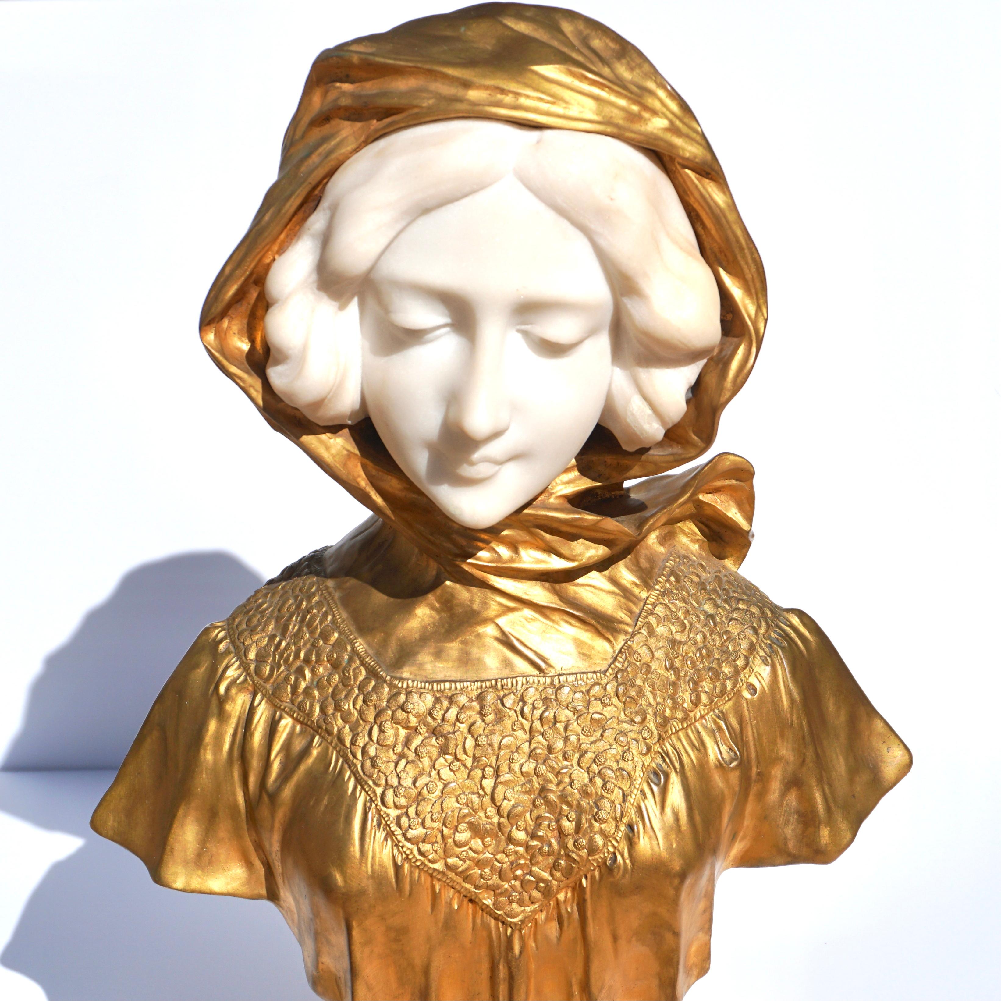 Art déco Buste d'une femme en bronze et marbre Affortunato Gory