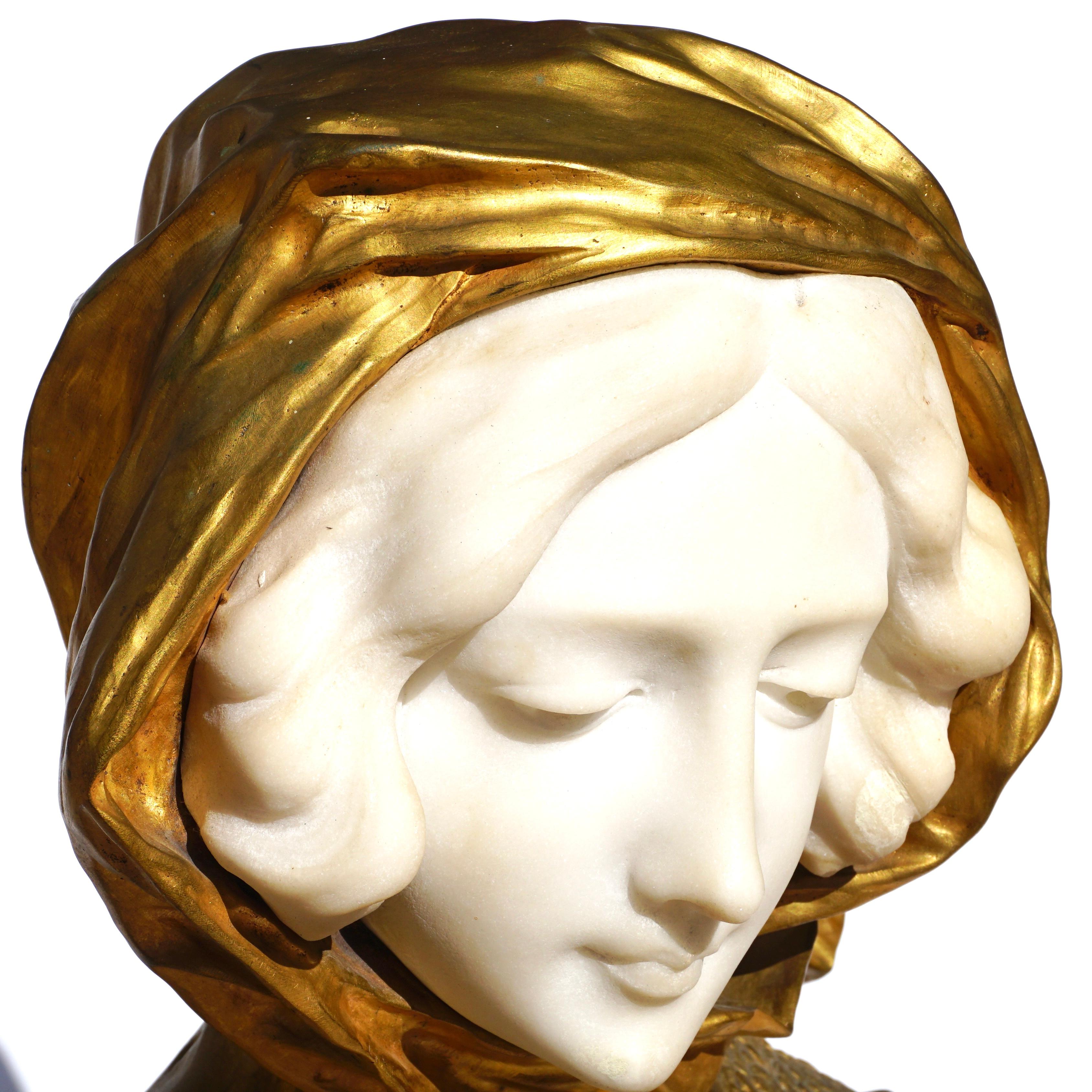 Sculpté Buste d'une femme en bronze et marbre Affortunato Gory